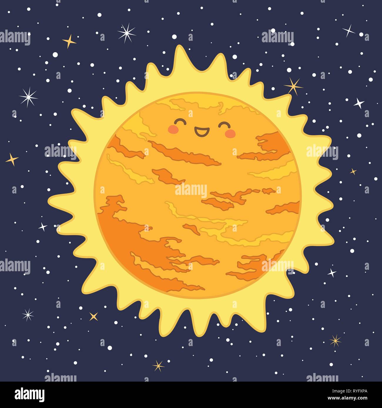 Carino il Sun Star Sistema Solare divertente con volto sorridente cartoon illustrazione vettoriale Illustrazione Vettoriale