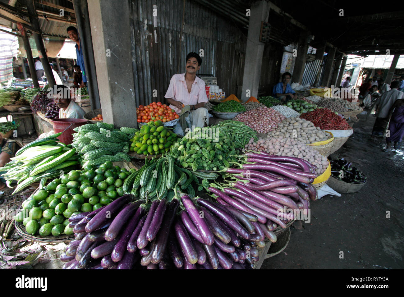 BANGLADESH venditore vegetali, Mercato a Haluaghat, Mymensingh regione foto di Sean Sprague Foto Stock