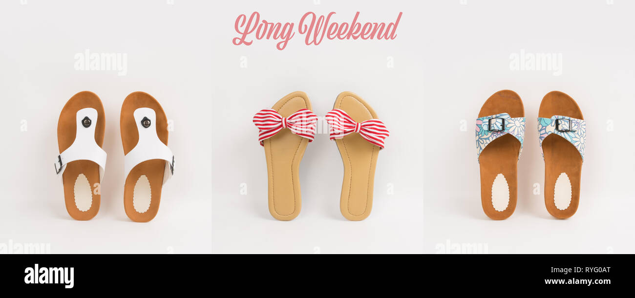 Tre coppie di donne a calzature casual su sfondo bianco. Moda e stile di vita Concetto di immagine per un lungo weekend o vacanze Foto Stock