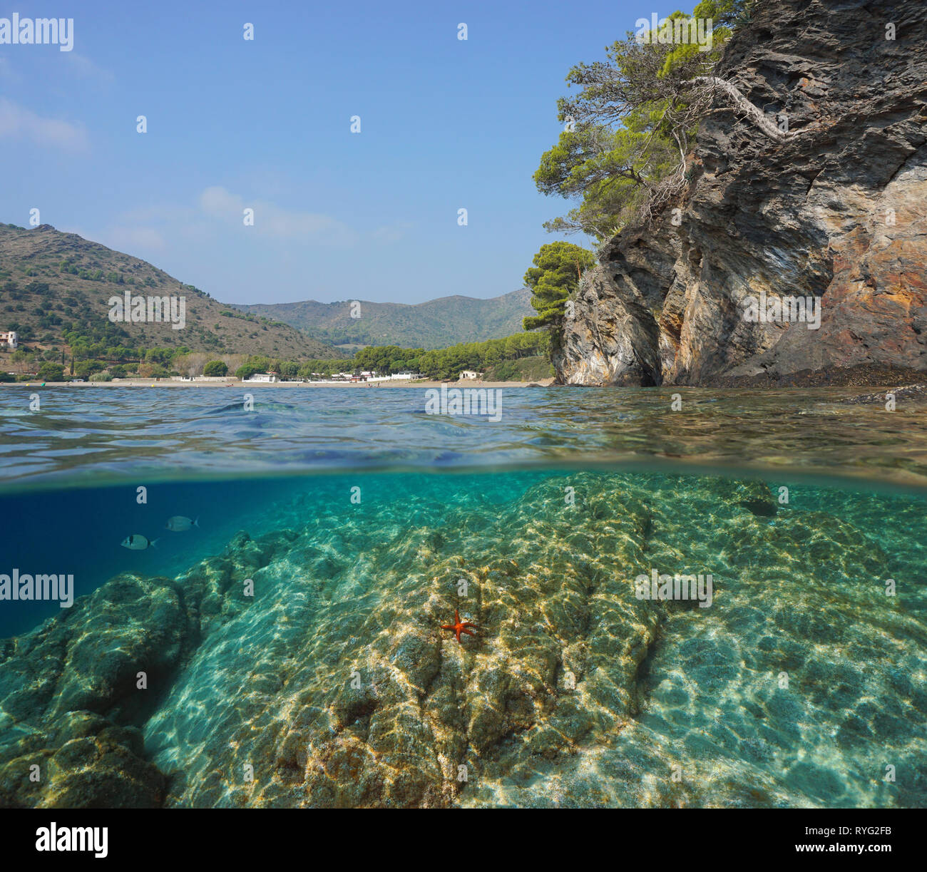 Spagna costa rocciosa vicino a Cala Montjoi, vista suddivisa a metà al di sopra e al di sotto di acqua, mare Mediterraneo, in Costa Brava Catalogna Foto Stock