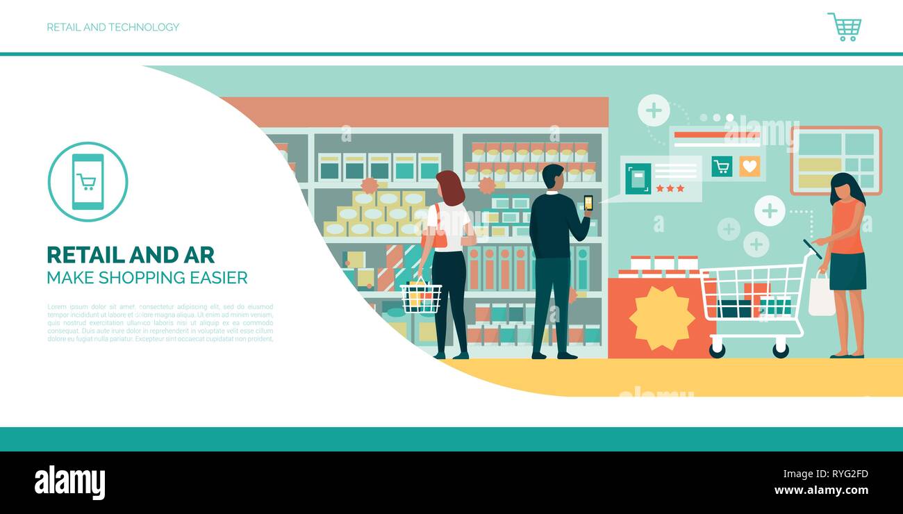 Persone che fanno la spesa al supermercato utilizzando AR app sui loro smartphone e tablet, vendita al dettaglio e la realtà aumentata concept Illustrazione Vettoriale