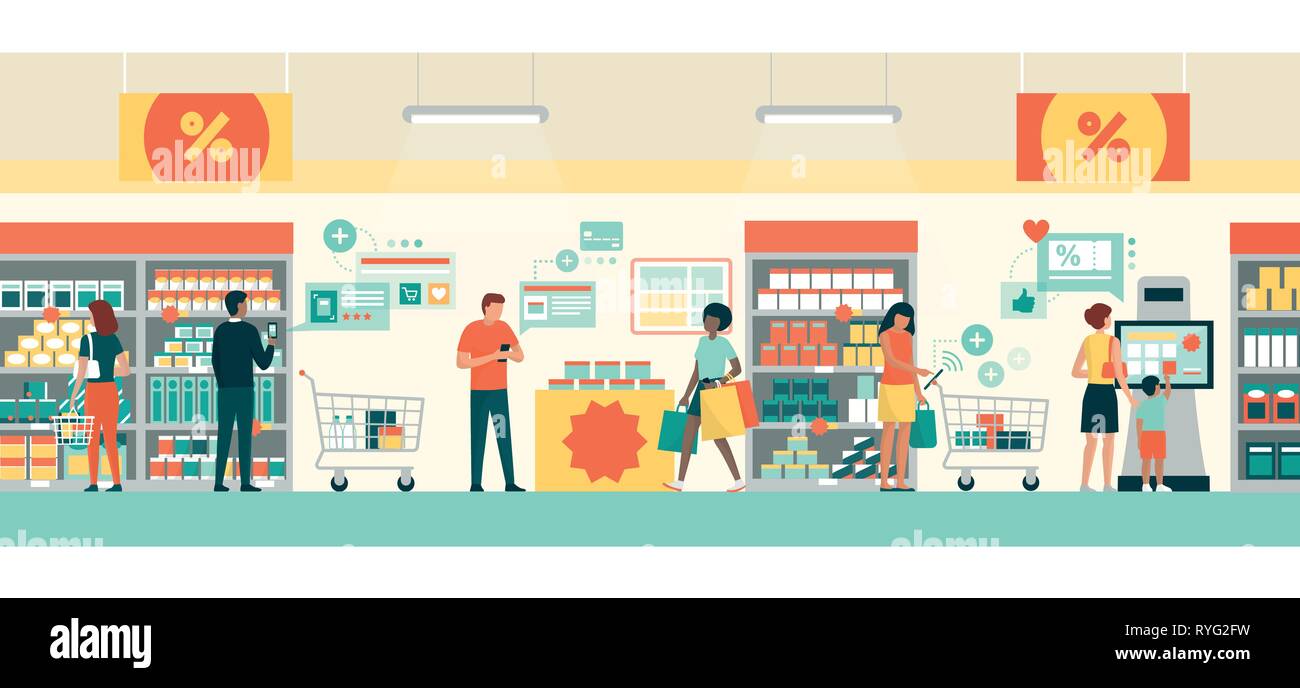 Persone che fanno la spesa al supermercato, stanno acquistando prodotti utilizzando AR app sui loro smartphone e tablet, retail e realit aumentata Illustrazione Vettoriale