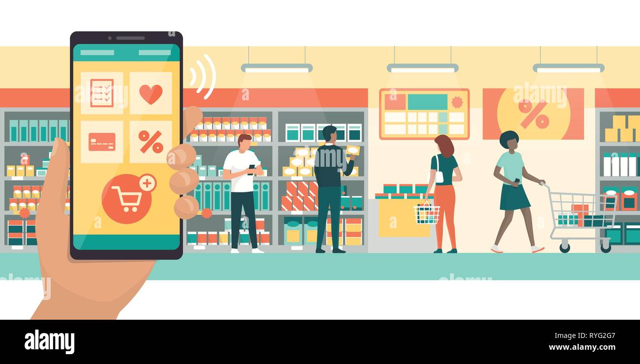 Persone che fanno la spesa al supermercato un uomo è l'acquisto di prodotti e di controllo offre con il suo smartphone app Illustrazione Vettoriale