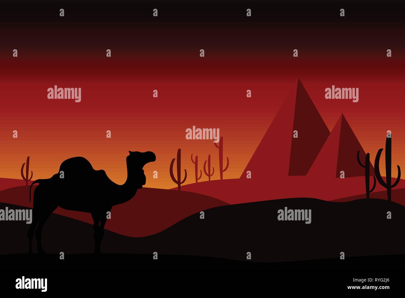 Il concetto di deserto - cammelli nel deserto con cactus, dune di sabbia e piramidi. Paesaggio, panoramica, vista esterna sulla natura selvaggia. Illustrazione modificabile. Illustrazione Vettoriale
