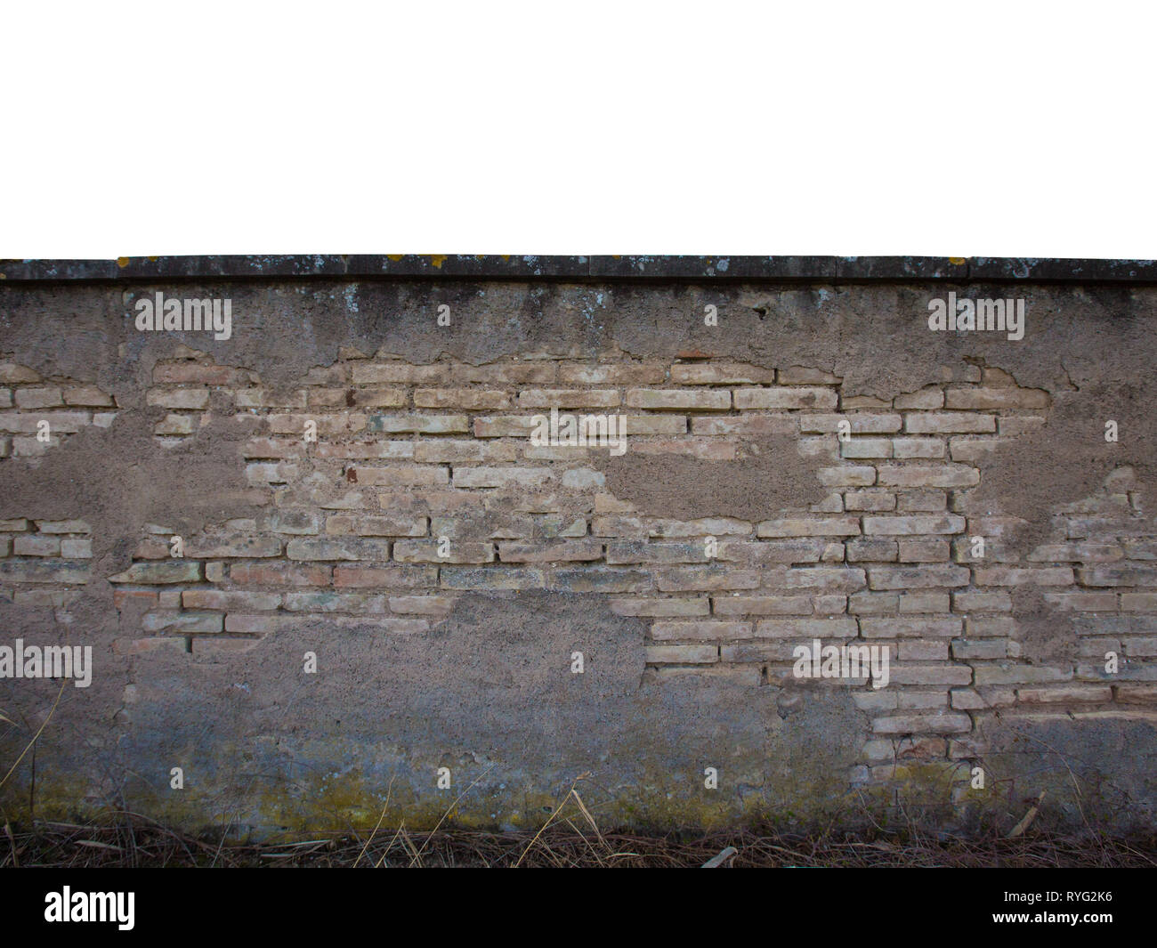 Weathered intonaco ed intonacando sopra un mattone vintage parete in muratura. Abstract vecchio cemento texture, antica struttura sfondo difetti naturali. Stone f Foto Stock