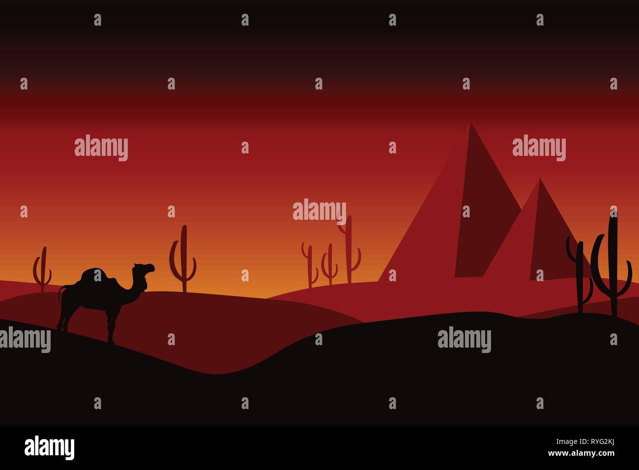 Il concetto di deserto - cammelli nel deserto con cactus, dune di sabbia e piramidi. Paesaggio, panoramica, vista esterna sulla natura selvaggia. Illustrazione modificabile. Illustrazione Vettoriale