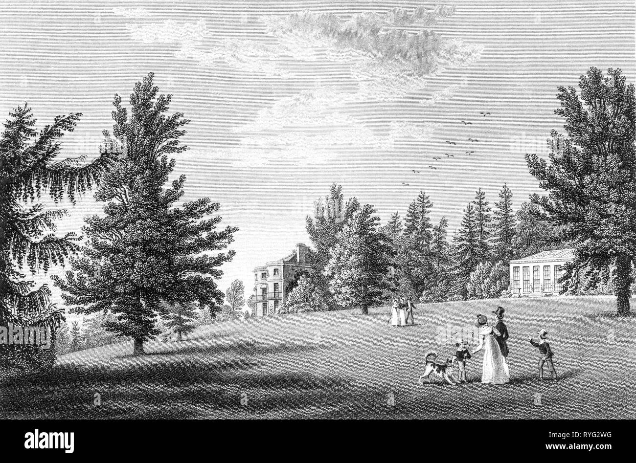 Una incisione di Bowden Hall la sede di James H Byles, UPTON ST LEONARDS, GLOUCESTERSHIRE REGNO UNITO scansionati ad alta risoluzione da un libro pubblicato nel 1825. Foto Stock