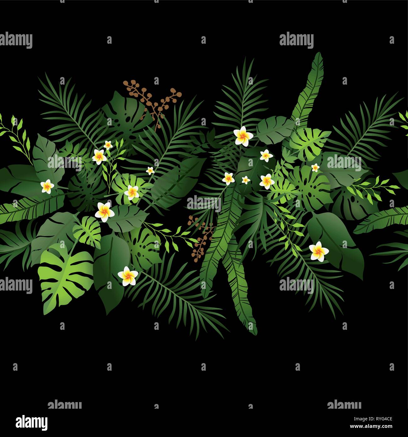 Modello senza giunture esotico sfondo floreale. Fiori tropicali e foglie su sfondo nero. Verde bordo scuro Design senza giunture Illustrazione Vettoriale