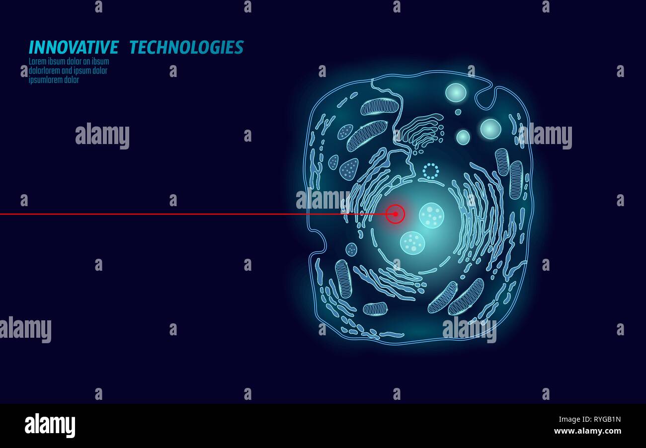 Microscopiche di cellula animale. Ogm modificati cellula umana la terapia genica di ingegneria. Blu scuro rosso incandescente laser illutration vettore Illustrazione Vettoriale
