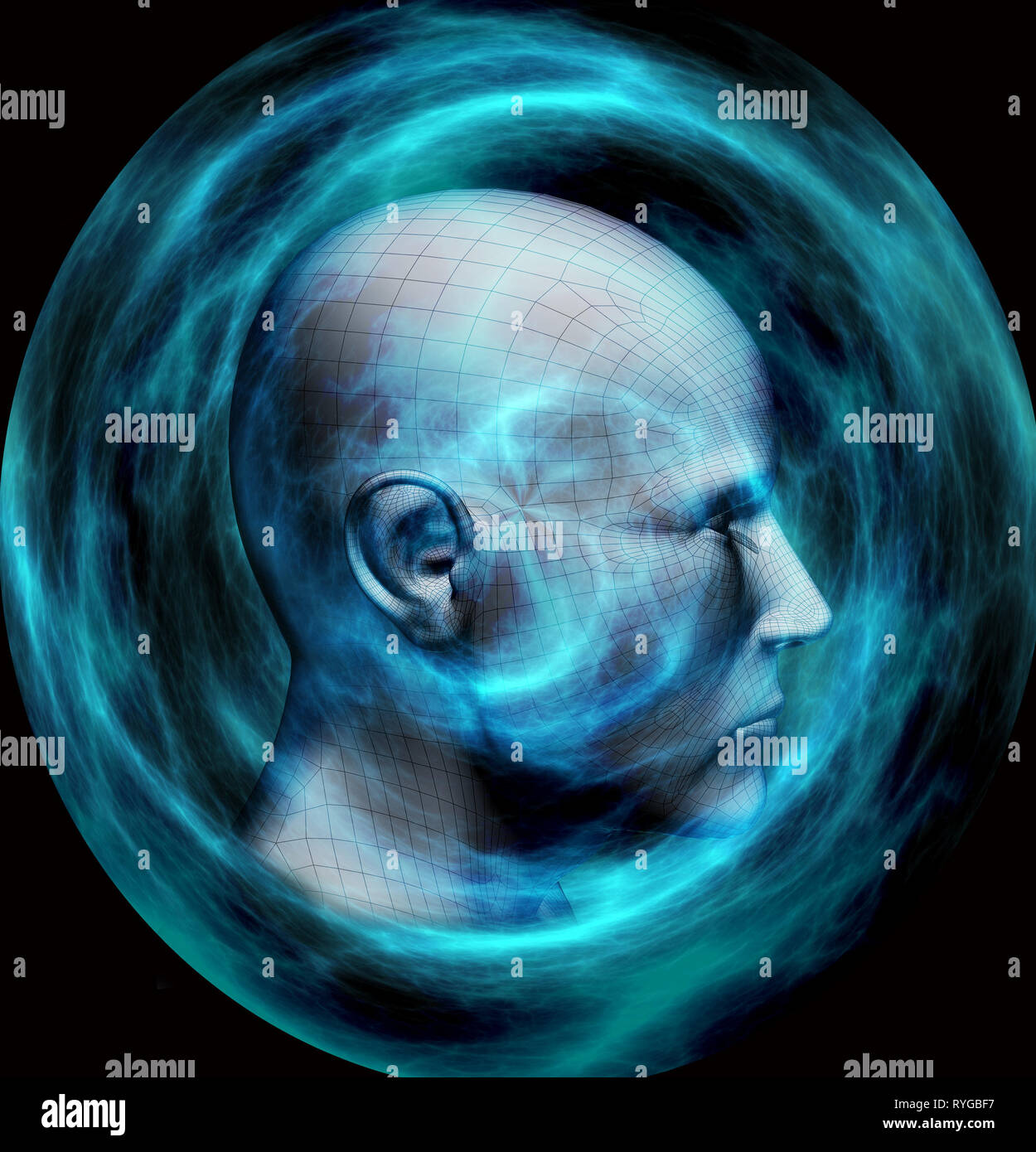 Maschio testa umanoide come concetto di intelligenza artificiale, le future generazioni di esseri umani e creata digitalmente personas Foto Stock