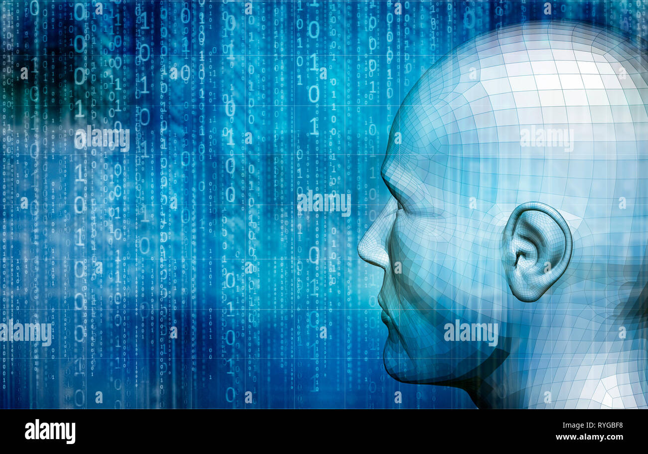 Maschio testa umanoide come concetto di intelligenza artificiale, le future generazioni di esseri umani e creata digitalmente personas Foto Stock