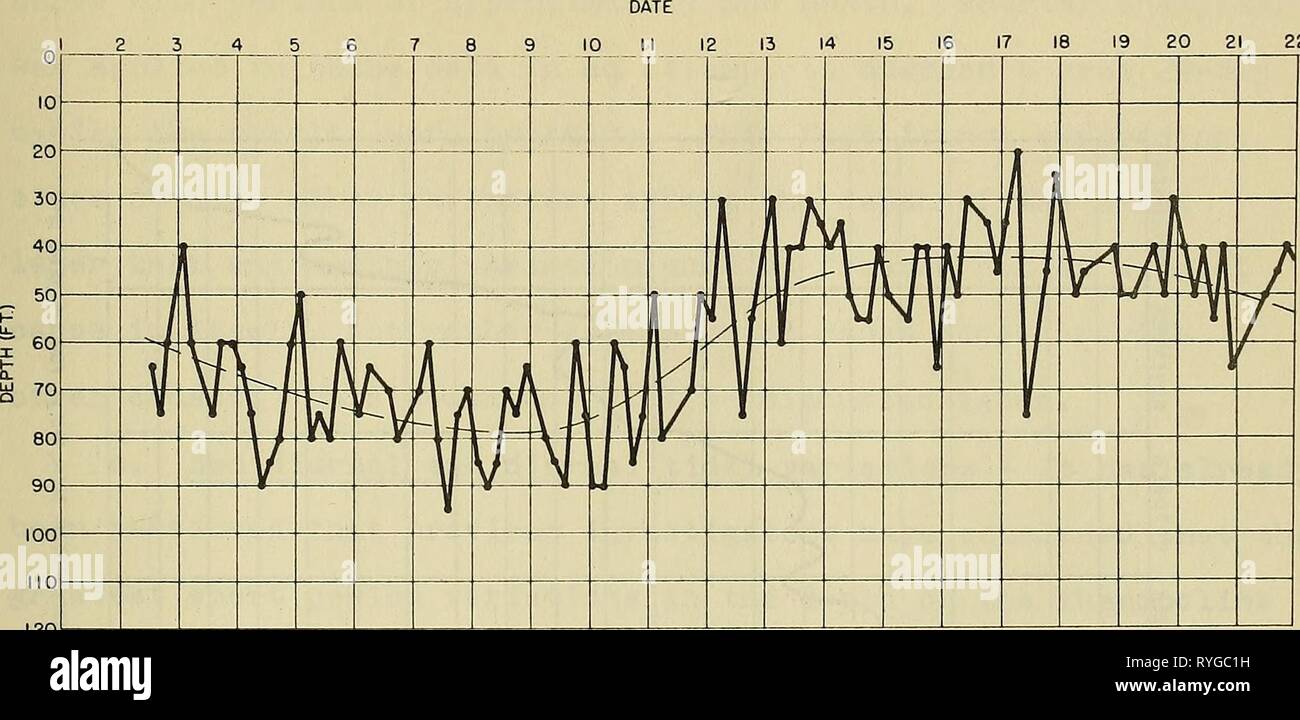 Effetti delle condizioni meteorologiche sulla struttura termica dell'oceano. Relazione di avanzamento n. 1 effectsofweather00Unità Anno: 1952 14 15 16 17 18 19 20 21 22 La figura 18. Variazione della profondità del THERMOCUNE CON IL TEMPO IN NAVE METEO DELTA, 44°N.,4I°W., 1-22 agosto 1950. strato dovrebbe formare. Poiché il moto ondoso osservato non costitui- forma a questa descrizione, alcuni obher fattore deve essere sul posto di lavoro. In un tentativo di scoprire se un 29-giorno variazione lunare nel thermocline esiste, il set più completo di quotidiana BT obser- vations disponibili per un anno è stata tracciata. Questi dati sono stati per l'anno 19I+.8 al Pa Foto Stock