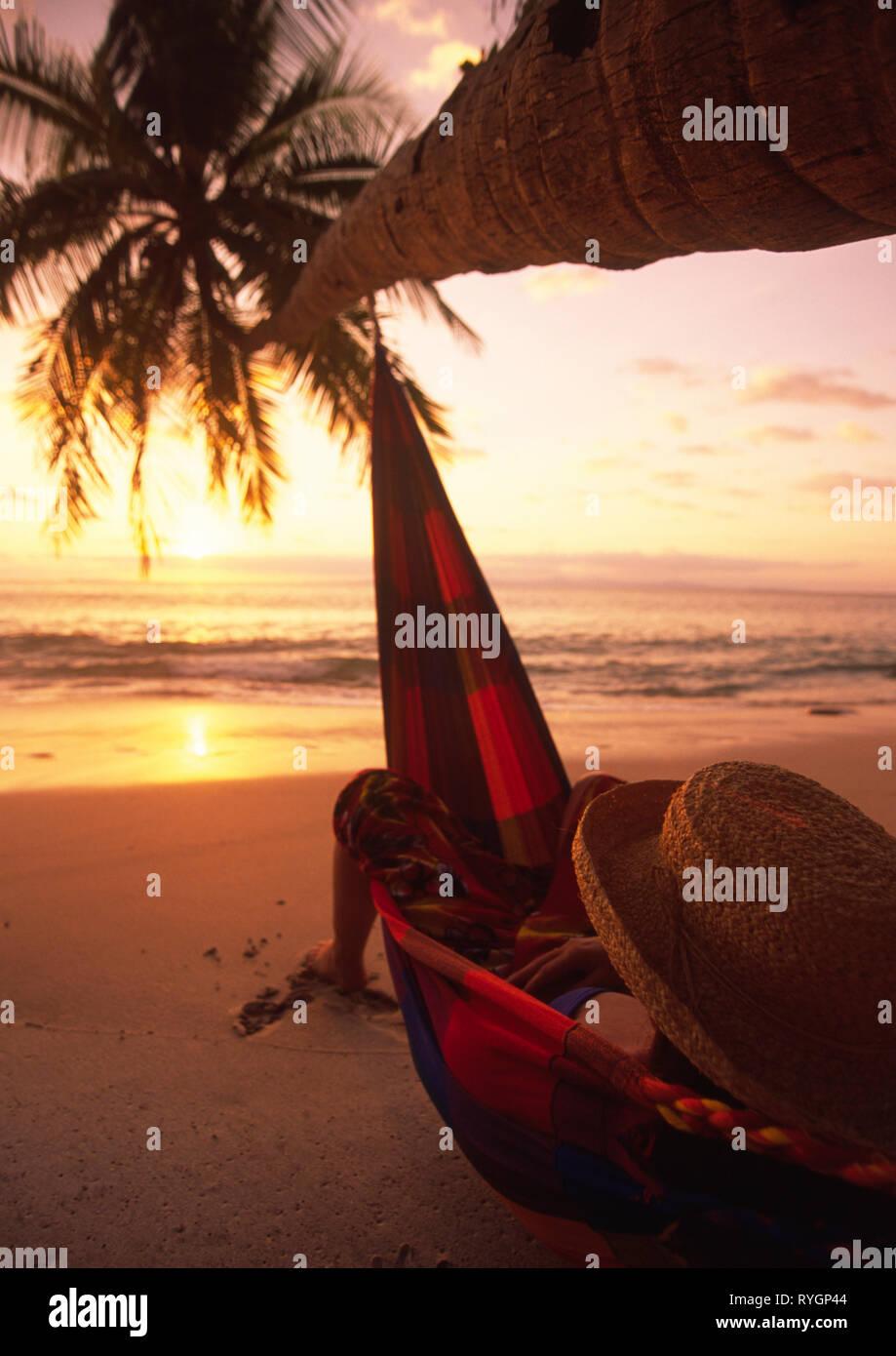 Una donna in hammoch su una spiaggia della Costa Rica, sotto una palma 2002 Foto Stock