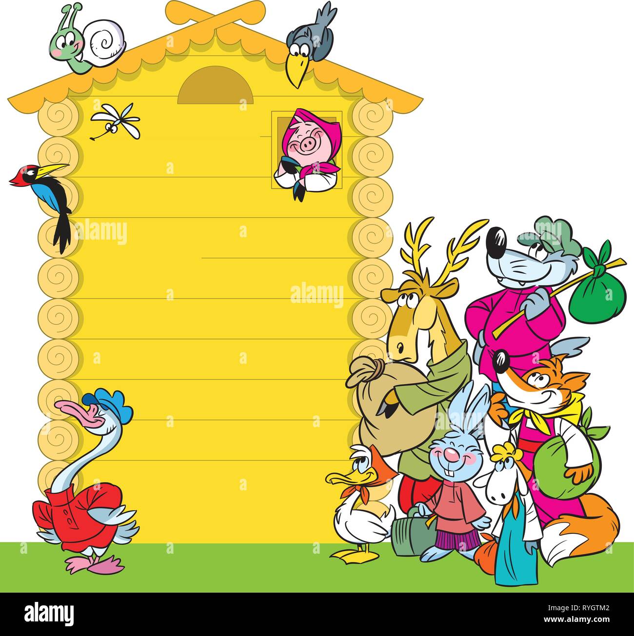 Nella illustrazione cartoon casa divertente con gli animali. Illustrazione fatto su livelli separati, vi è un posto per il blocco di prova. Illustrazione Vettoriale