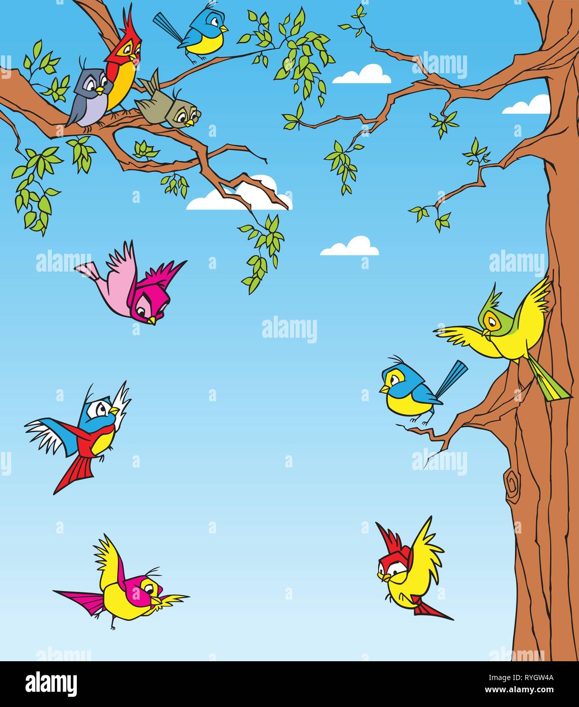 Un certo numero di specie di uccelli flitting in alberi Illustrazione Vettoriale