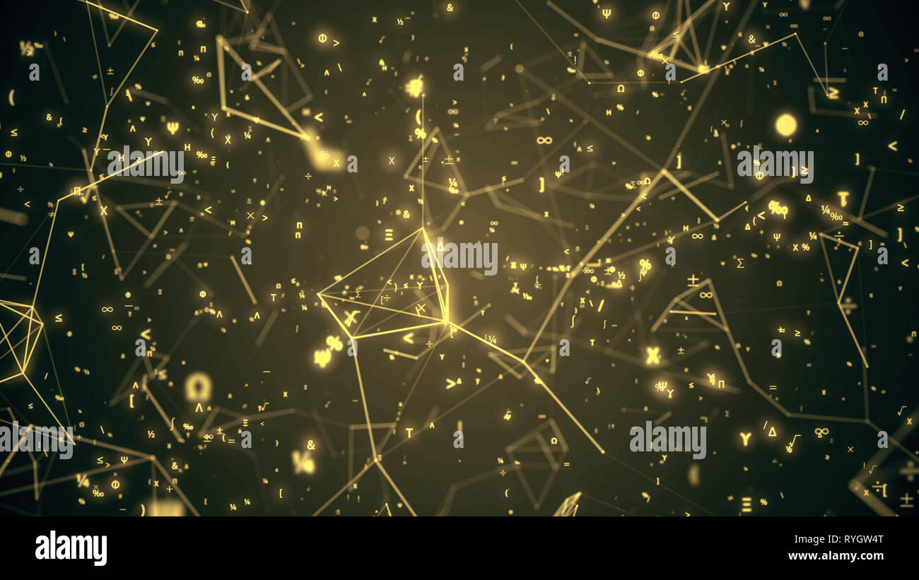 Digital simboli matematici 3D'illustrazione. Abstract sfondo futuristico con la matematica e la fisica simboli e rete mesh grid. 4K il concetto di scienza Foto Stock