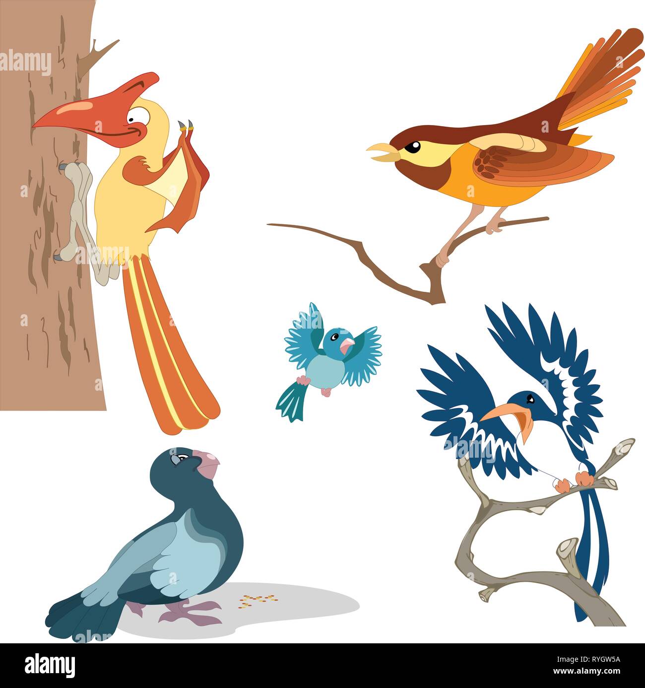 La figura mostra una varietà di bellissimi uccelli cartoon. Eseguita su livelli separati. Illustrazione Vettoriale