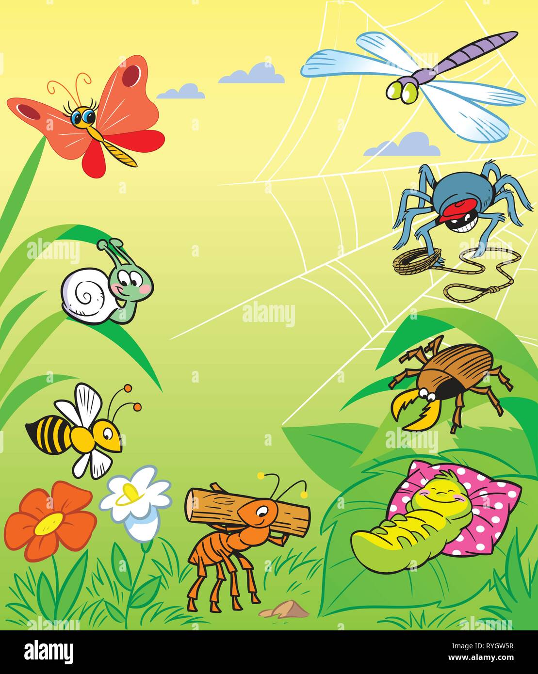 Nella illustrazione vettoriale un sacco di divertenti cartoon insetti sullo sfondo di un prato verde. Nel gruppo di insetti butterfly, dragonfly, spider, SNA Illustrazione Vettoriale