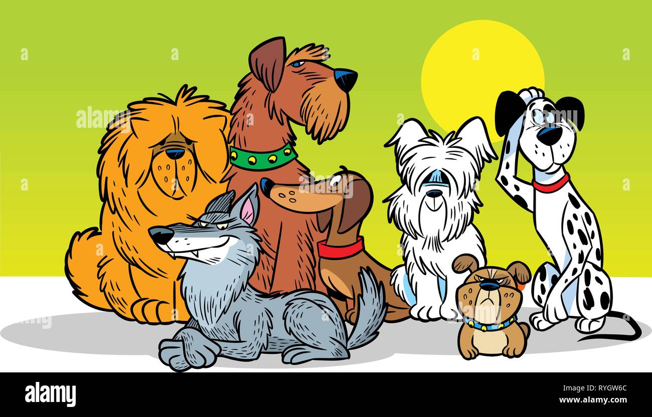 In illustrazione vettoriale, un gruppo di diversi cani di differenti razze, in uno stile cartoon. Illustrazione Vettoriale