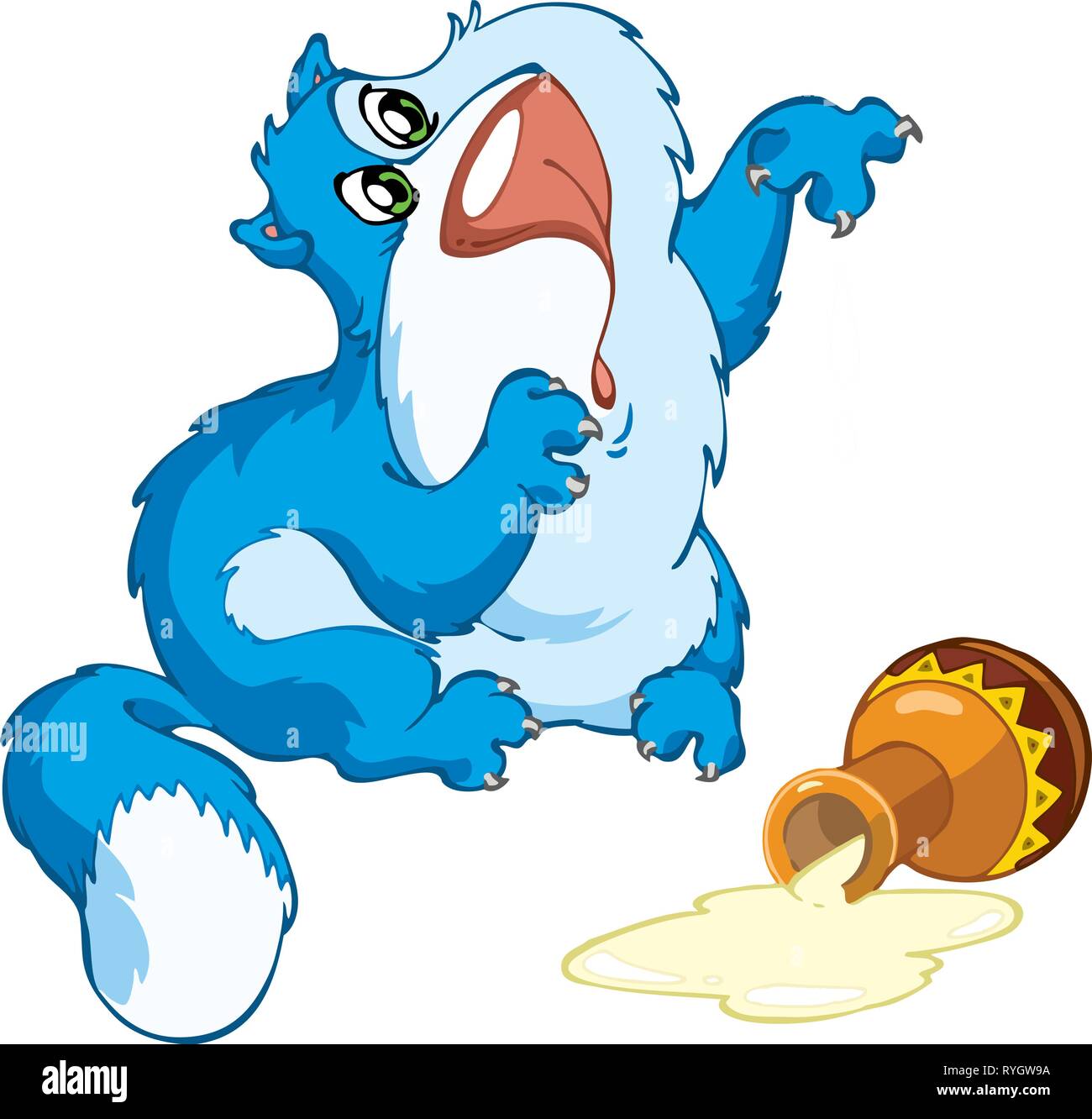 Blue cartoon cat battuto sopra una brocca. Egli ha sporcato la sua zampata in panna acida. Illustrazione Vettoriale