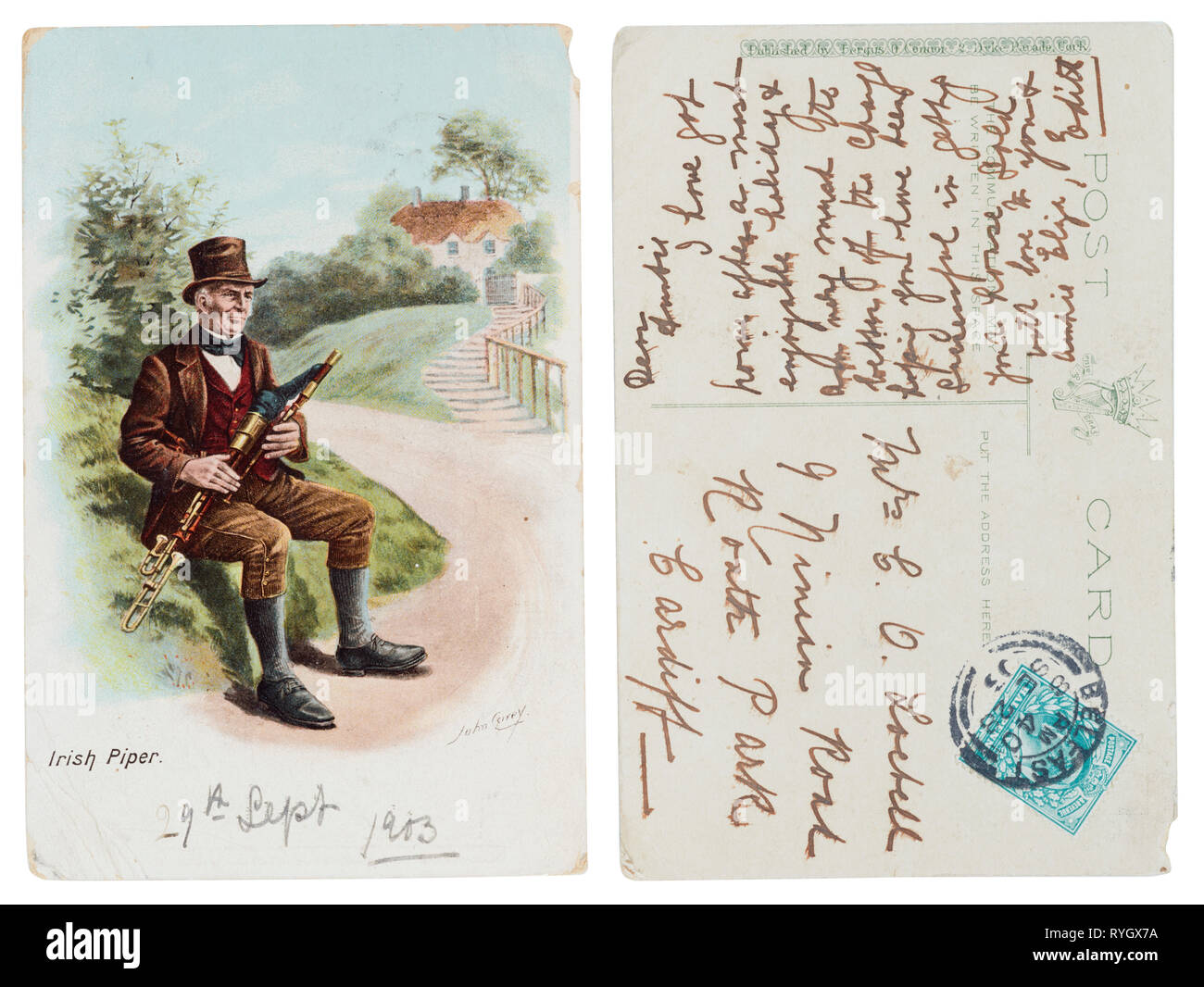 Cartolina di un suonatore di cornamusa irlandese illustrazione inviato a Cardiff da Belfast nel 1903 Foto Stock