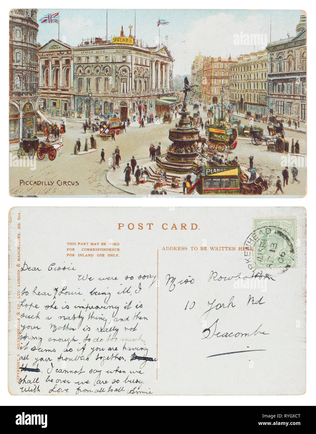 Cartolina di Piccadilly Circus inviato da Birkenhead a Seacombe nel 1906 Foto Stock