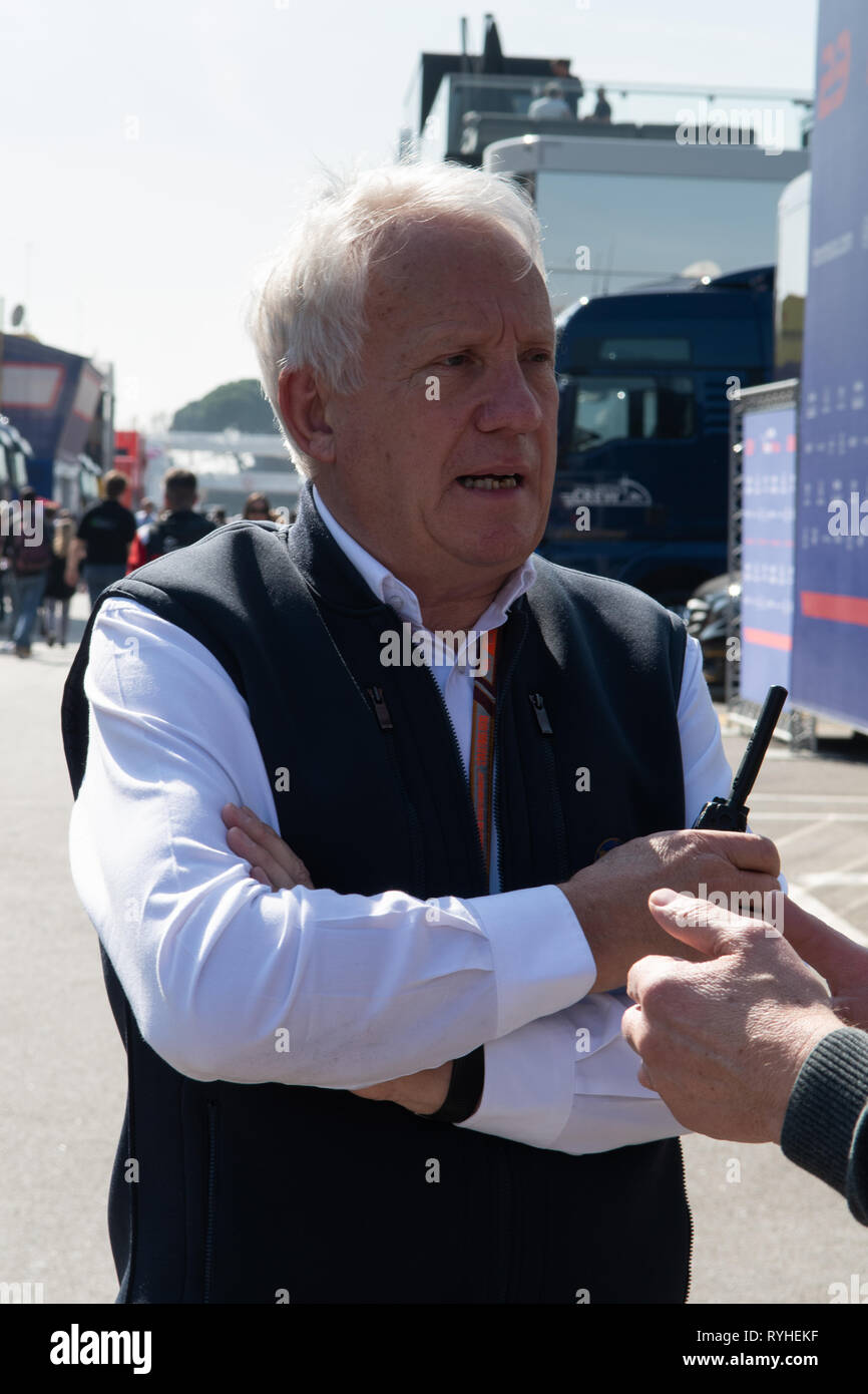 Barcellona, Spagna. Febbraio 28th, 2019 - Charlie Whiting FIA direttore di gara dalla Gran Bretagna giorno sette di F1 test invernali sul Circuito de Catalunya. Foto Stock