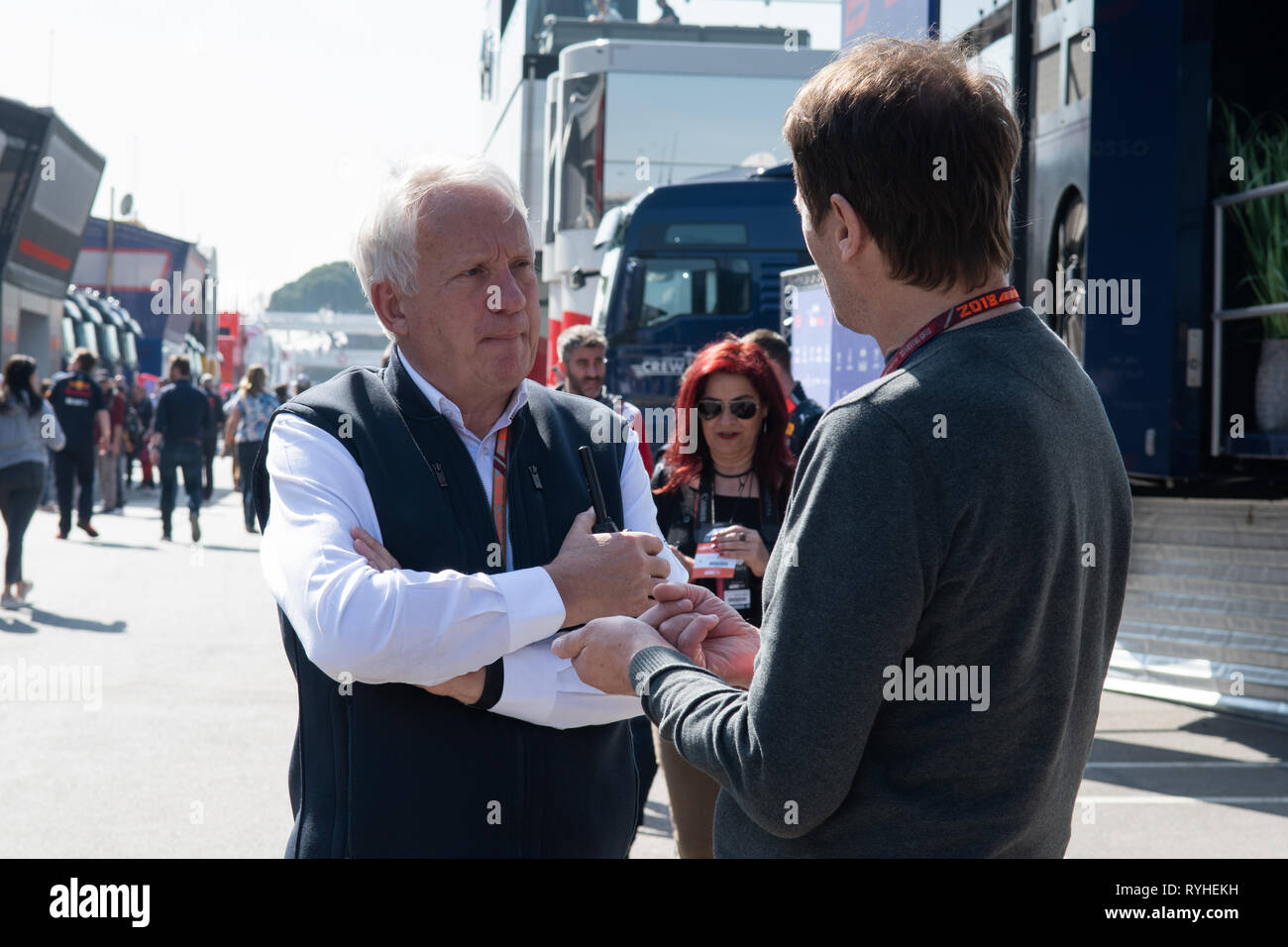 Barcellona, Spagna. Febbraio 28th, 2019 - Charlie Whiting FIA direttore di gara dalla Gran Bretagna giorno sette di F1 test invernali sul Circuito de Catalunya. Foto Stock