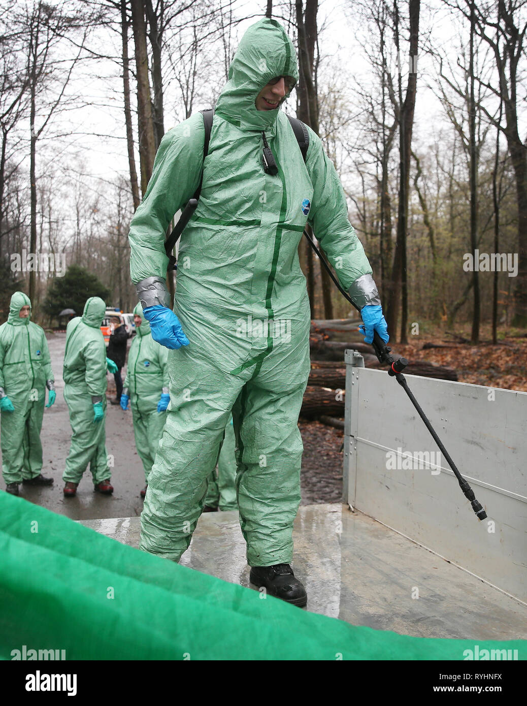 14 marzo 2019, della Renania settentrionale-Vestfalia, Düsseldorf: un uomo in una tuta protettiva disinfetta un rimorchio durante un esercizio. Lo stato della Renania settentrionale-Vestfalia è provare un'emergenza: nella foresta Aaper, una operazione di contenere e di lotta contro la peste suina africana è simulato per il distretto amministrativo di Düsseldorf come parte di un esercizio a livello nazionale. L'ufficio competente per la tutela dei consumatori/ufficio veterinario, i vigili del fuoco di Düsseldorf, l'ordine pubblico ufficio, il giardino, il cimitero e la silvicoltura ufficio come pure i cacciatori responsabile dell'area partecipano in esso. Foto: David Giovane Foto Stock