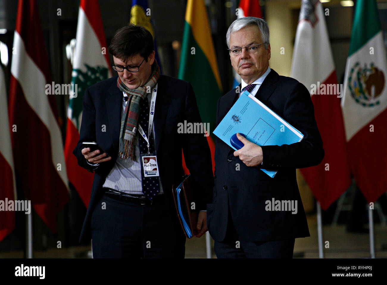 Bruxelles, Belgio. Il 14 marzo 2019. Didier Reynders, ministro belga degli Affari Esteri arriva a partecipare alla conferenza internazionale sul futuro della Siria e della regione. Credito: ALEXANDROS MICHAILIDIS/Alamy Live News Foto Stock