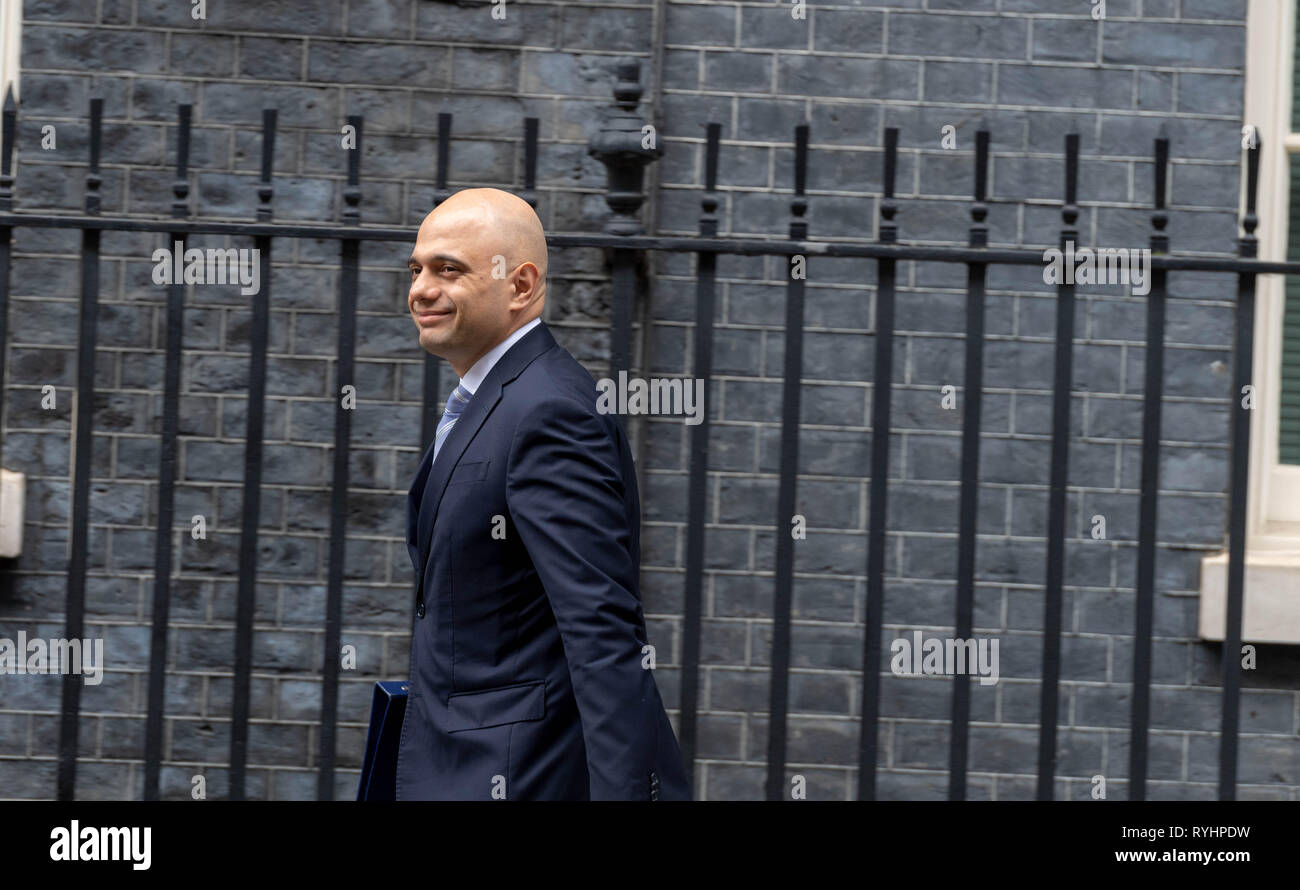 Londra, Regno Unito. 14 mar 2019. Sajid Javid MP, PC Home Secretary arriva in una riunione del gabinetto a 10 Downing Street, Londra Credito: Ian Davidson/Alamy Live News Foto Stock