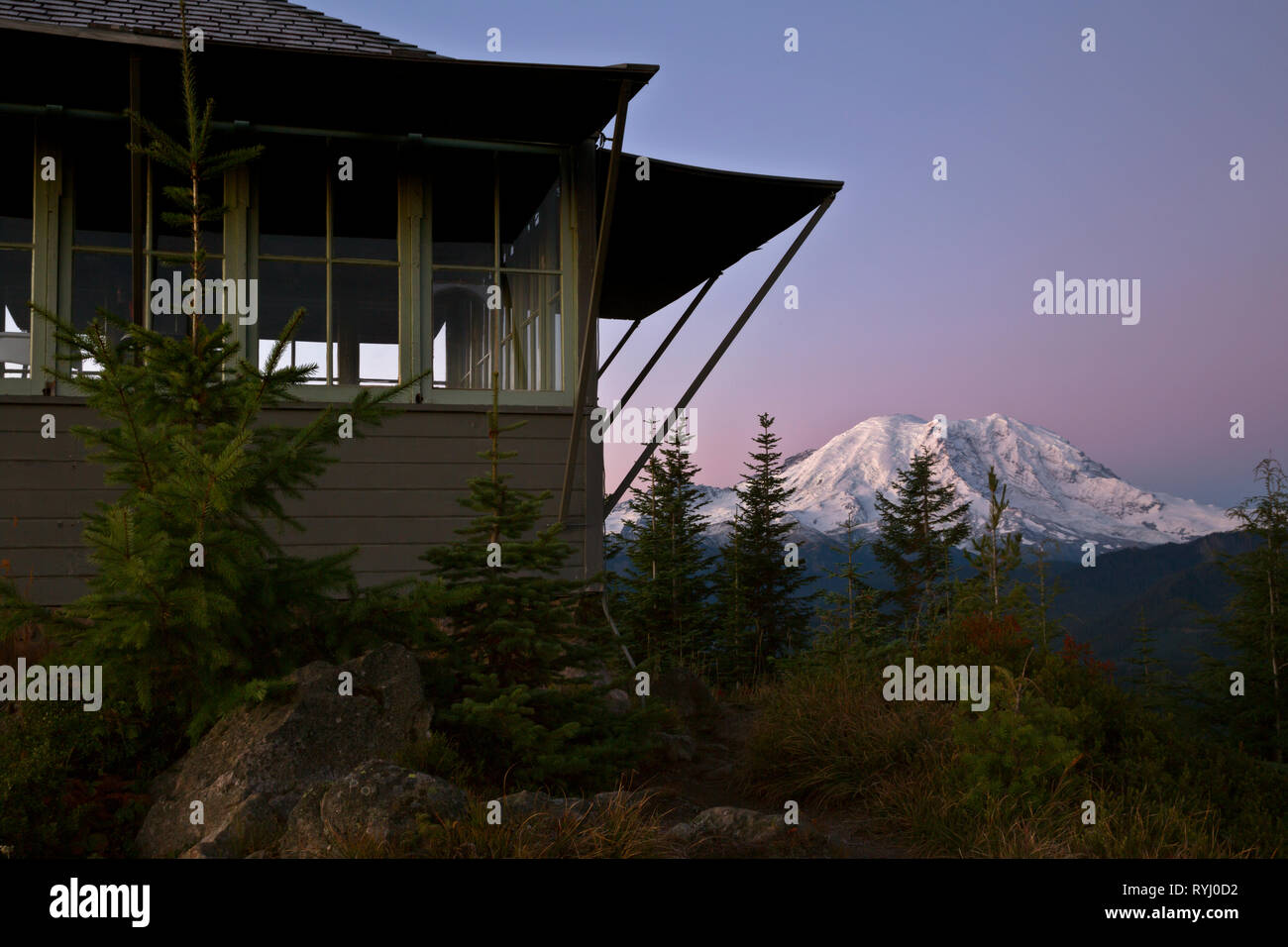 WA15925-00...WASHINGTON - la luce morbida di alba schiarimento Suntop Lookout e Mount Rainier da Suntop montagna nel Monte Baker-Snoqualmie compit Foto Stock