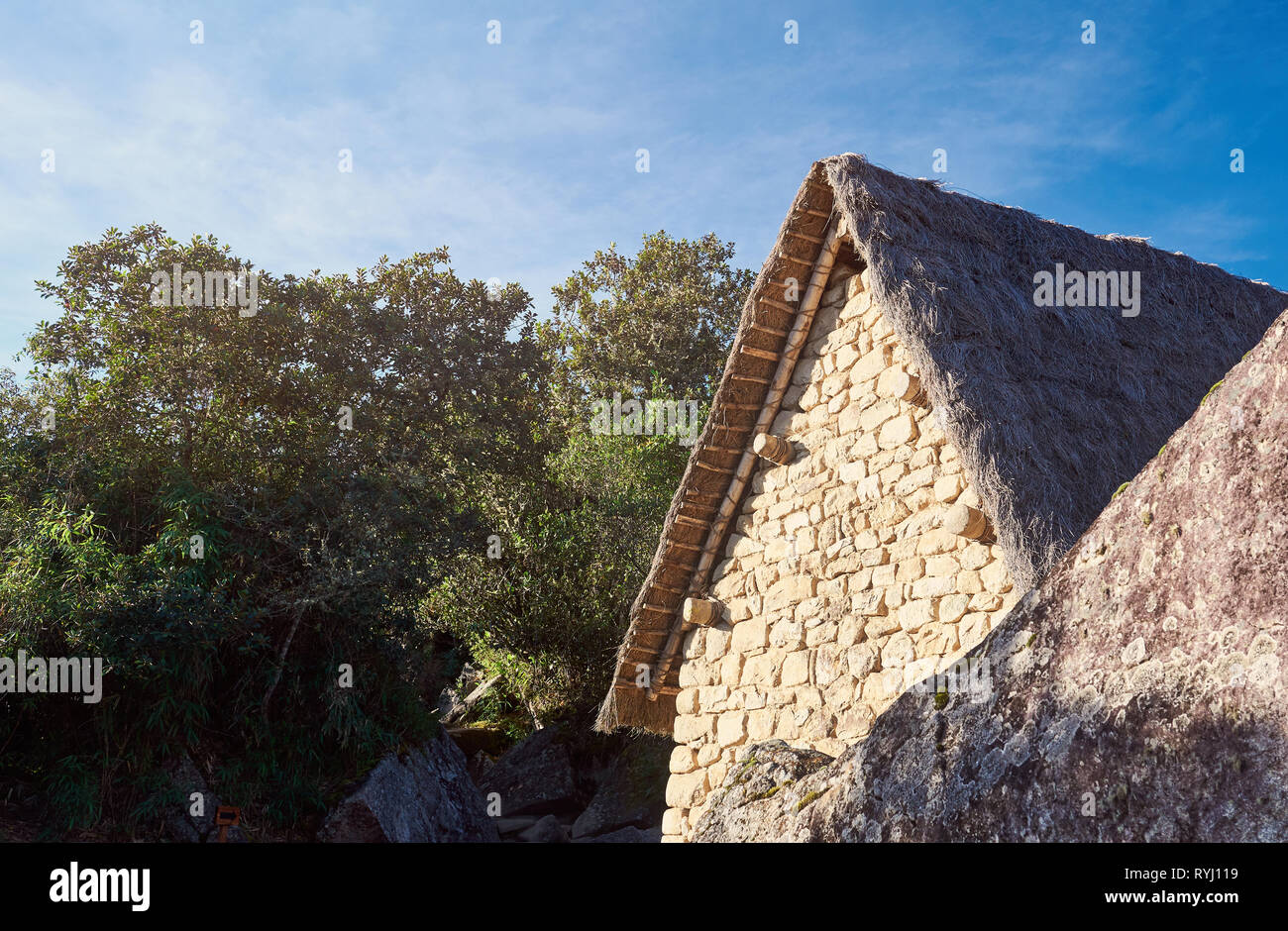 Casa di pietra in città perduta Machu Picchu Perù Foto Stock