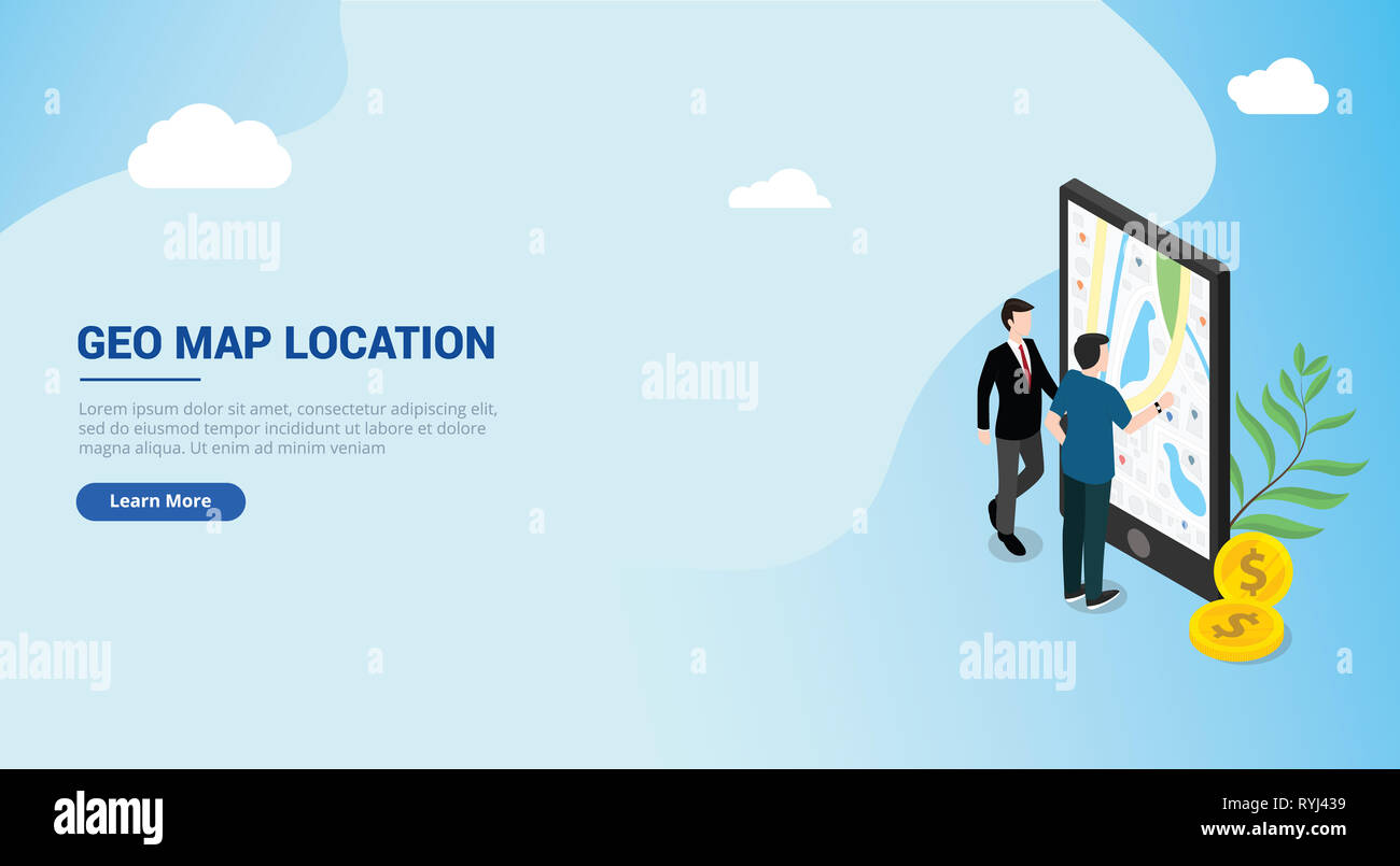 Sito web design landing page ui per un uomo persone accesso wireless geo mappe geografiche posizione sullo smartphone le app di navigazione mobile con stile isometrico Foto Stock