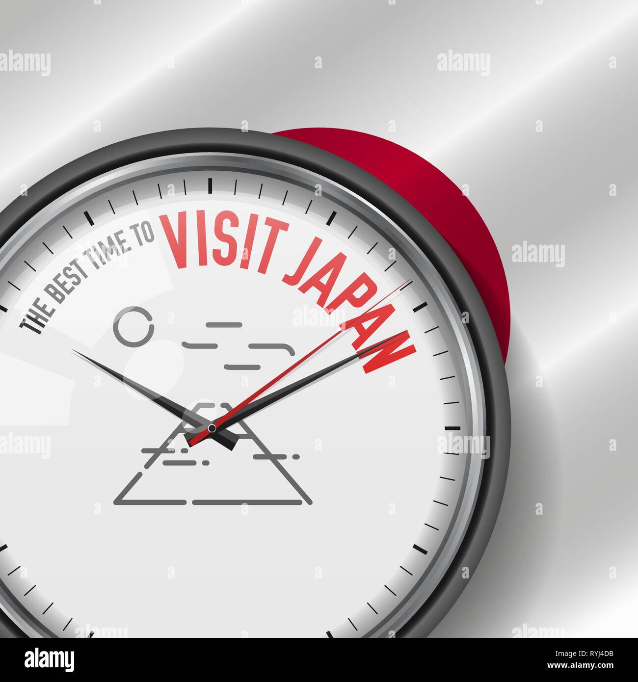 Il periodo migliore per visitare il Giappone. Vettore di bianco orologio  con slogan motivazionali. Analogico orologio in metallo con vetro.  Illustrazione Vettoriale sulla bandiera giapponese Immagine e Vettoriale -  Alamy