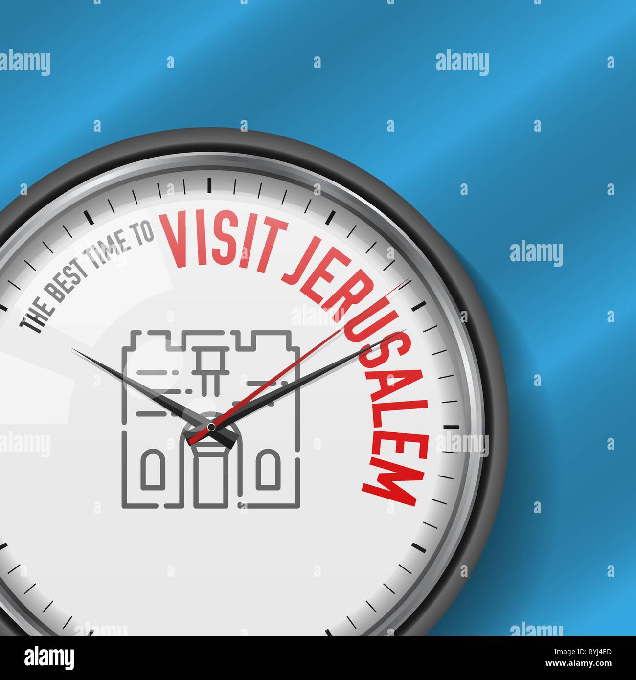 Il momento migliore per visitare Gerusalemme. Vettore di bianco orologio con slogan motivazionali. Analogico orologio in metallo con vetro. Illustrazione Vettoriale sul cielo blu Illustrazione Vettoriale