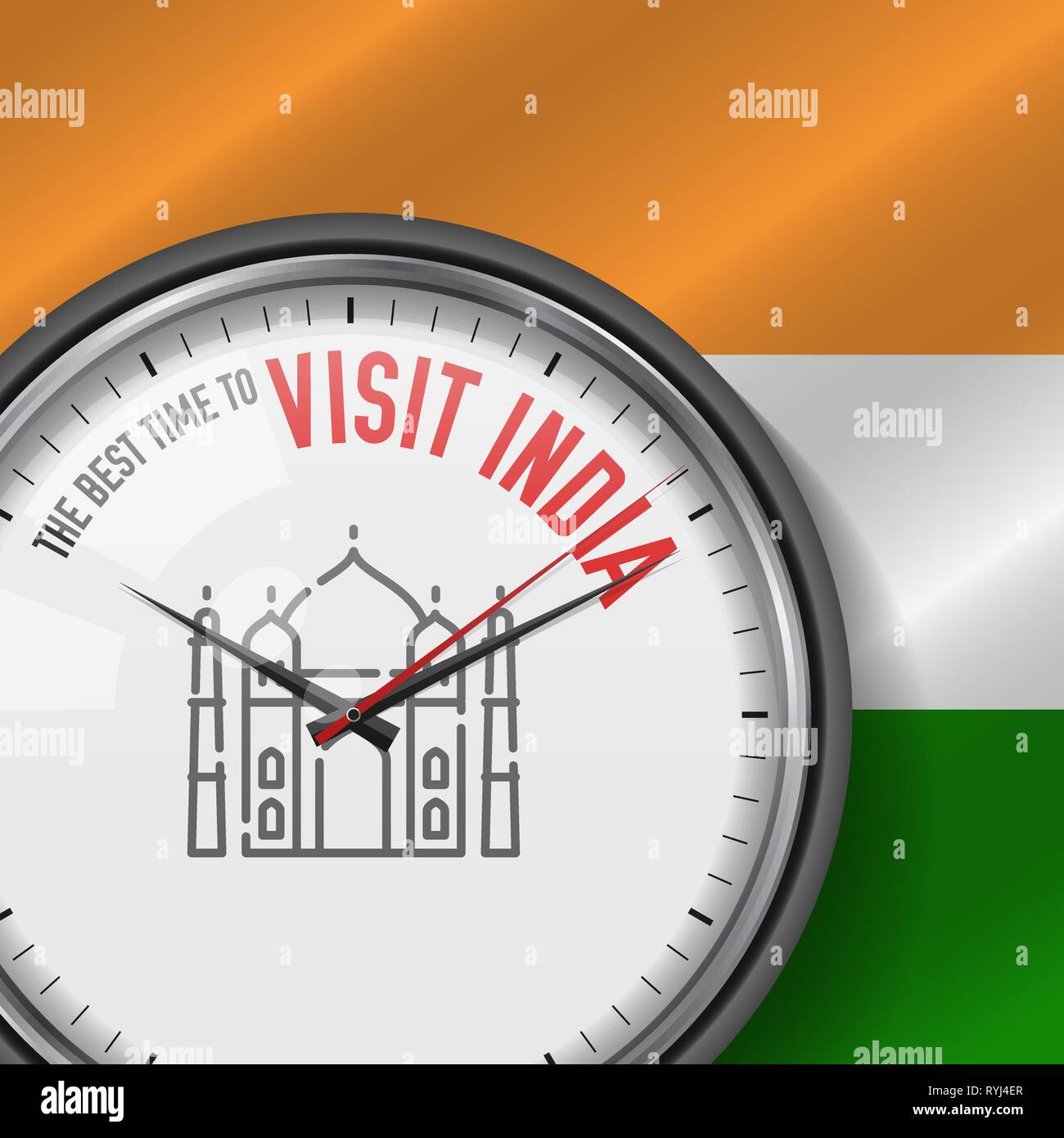 Il periodo migliore per visitare l'India. Vettore di bianco orologio con slogan motivazionali. Analogico orologio in metallo con vetro. Illustrazione Vettoriale sulla bandiera indiana Illustrazione Vettoriale