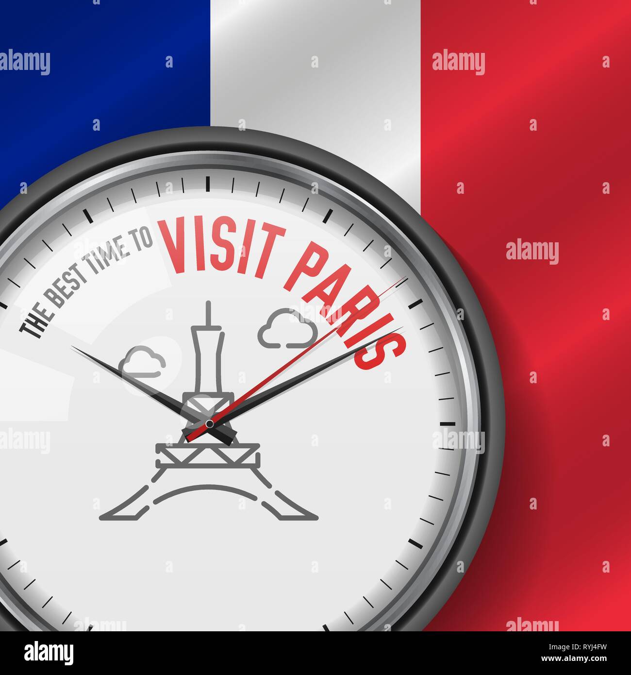 Il periodo migliore per visitare Parigi. Vettore di bianco orologio con slogan motivazionali. Analogico orologio in metallo con vetro. Illustrazione Vettoriale sulla bandiera francese Illustrazione Vettoriale