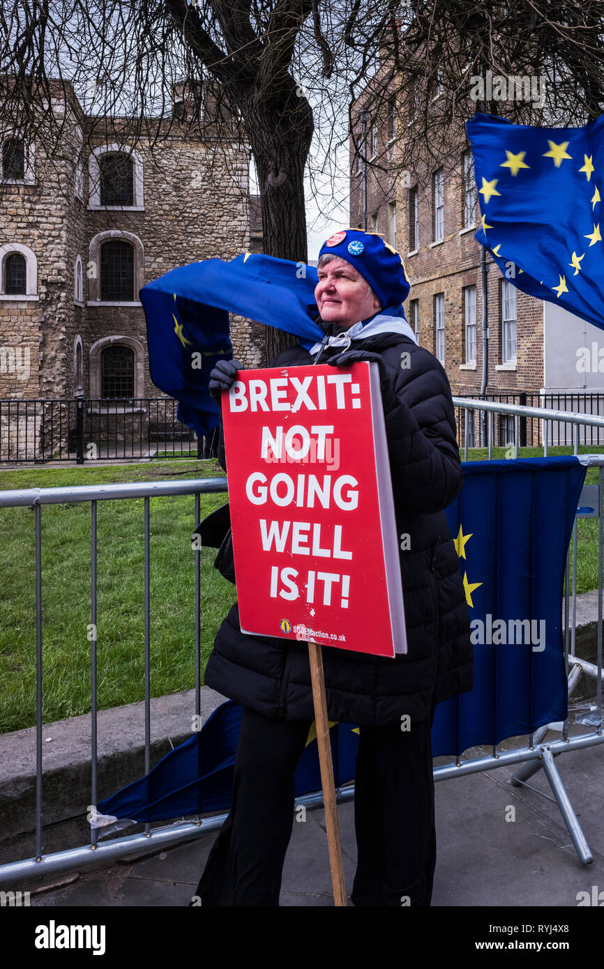 Persone che protestano su Brexit al di fuori del Parlamento, il Palazzo di Westminster, Londra, Inghilterra, Regno Unito Foto Stock