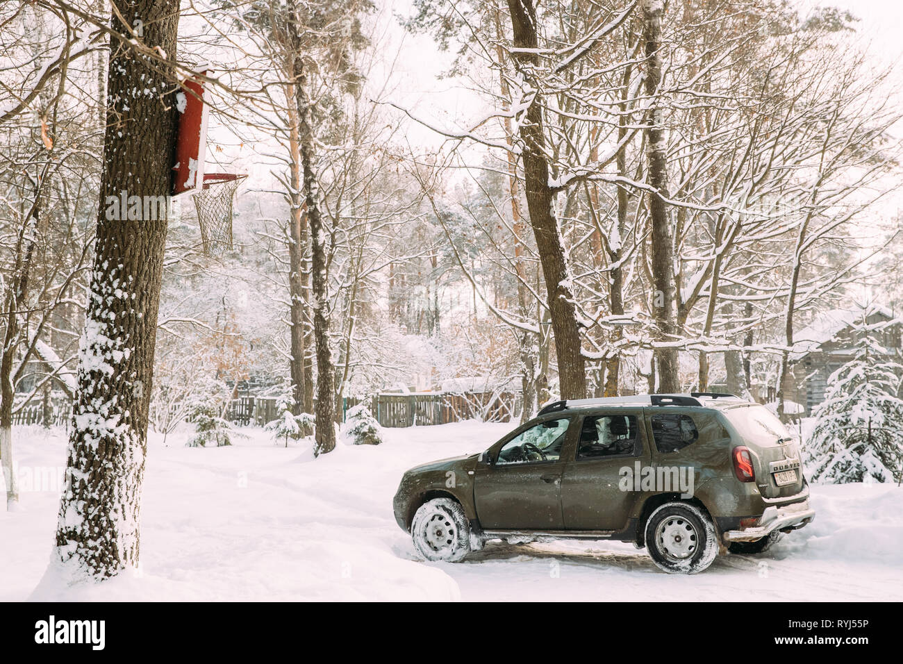 Gomel, Bielorussia - Gennaio 10, 2019: Renault Duster o Dacia Duster Suv parcheggiato in boschi innevati. Duster prodotta congiuntamente dal costruttore francese Renault un Foto Stock