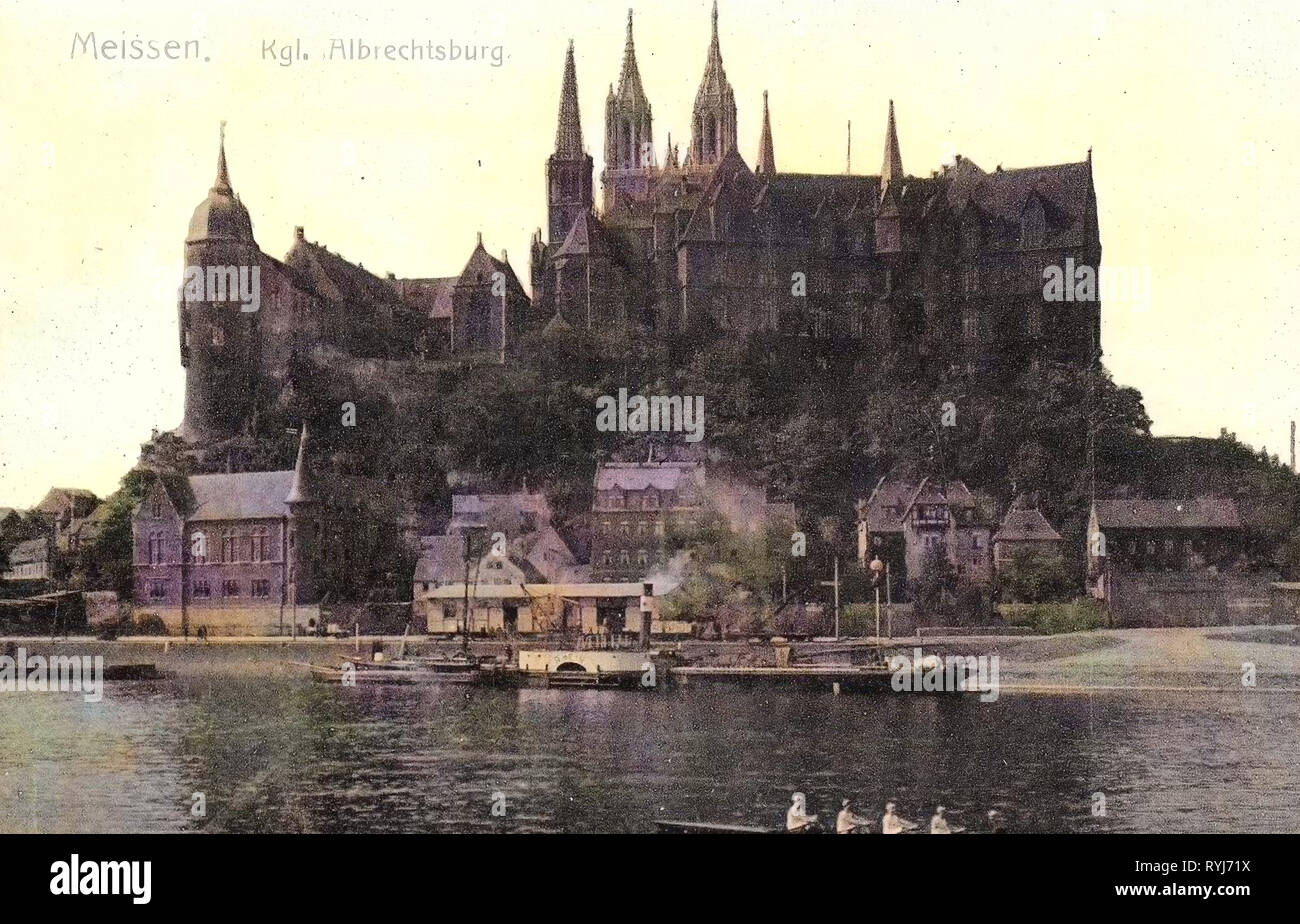 Albrechtsburg, Steamship Rhein, Coxed fours, Elba a Meißen, 1908, Meißen, Schlepper und Ruderboot, Germania Foto Stock