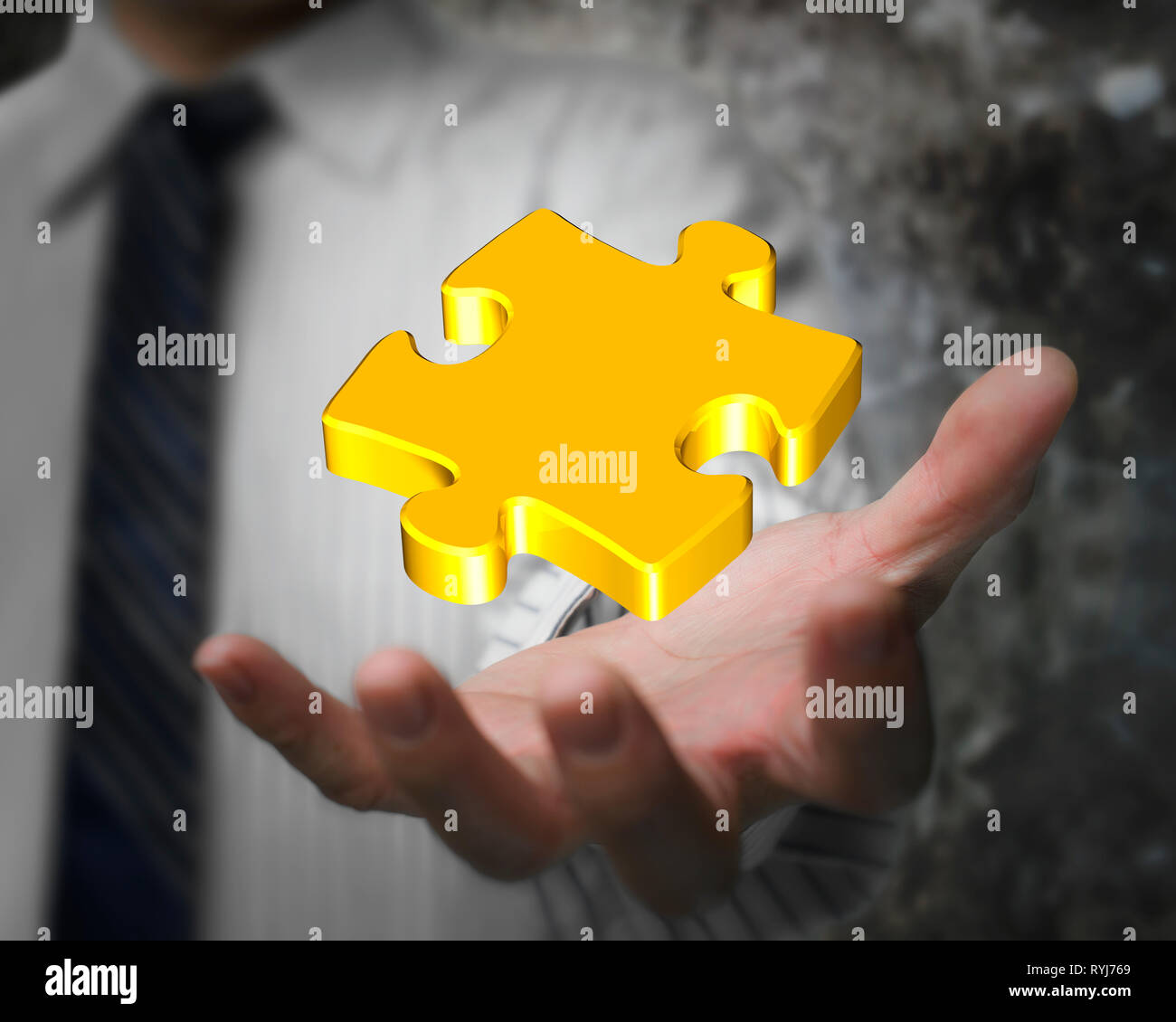 Incandescente golden puzzle in l imprenditore mano Foto Stock