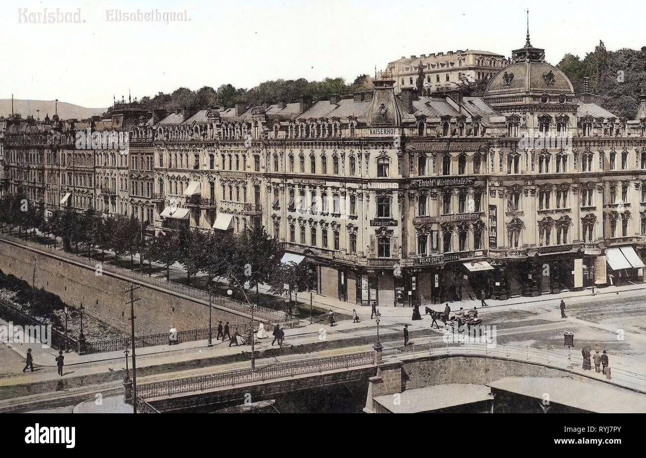 Edifici di Karlovy Vary, Poštovní più 1909, Regione di Karlovy Vary, Nábřeží Jana Palacha (Karlovy Vary), Karlsbad, Elisabethquai, Repubblica Ceca Foto Stock