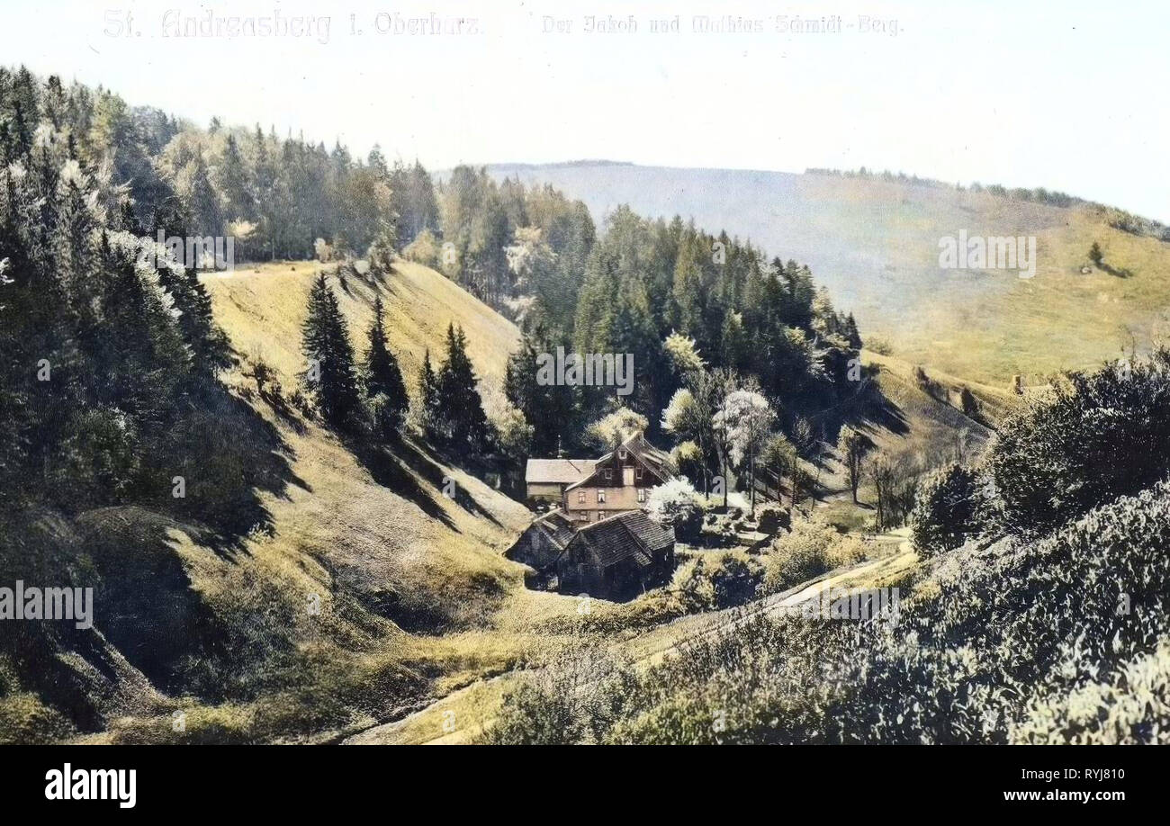 Edifici in Bassa Sassonia, le montagne di Harz, 1909, Bassa Sassonia, St. Andreasberg, Der Jakob und Mathias Schmidt Berg, Germania Foto Stock