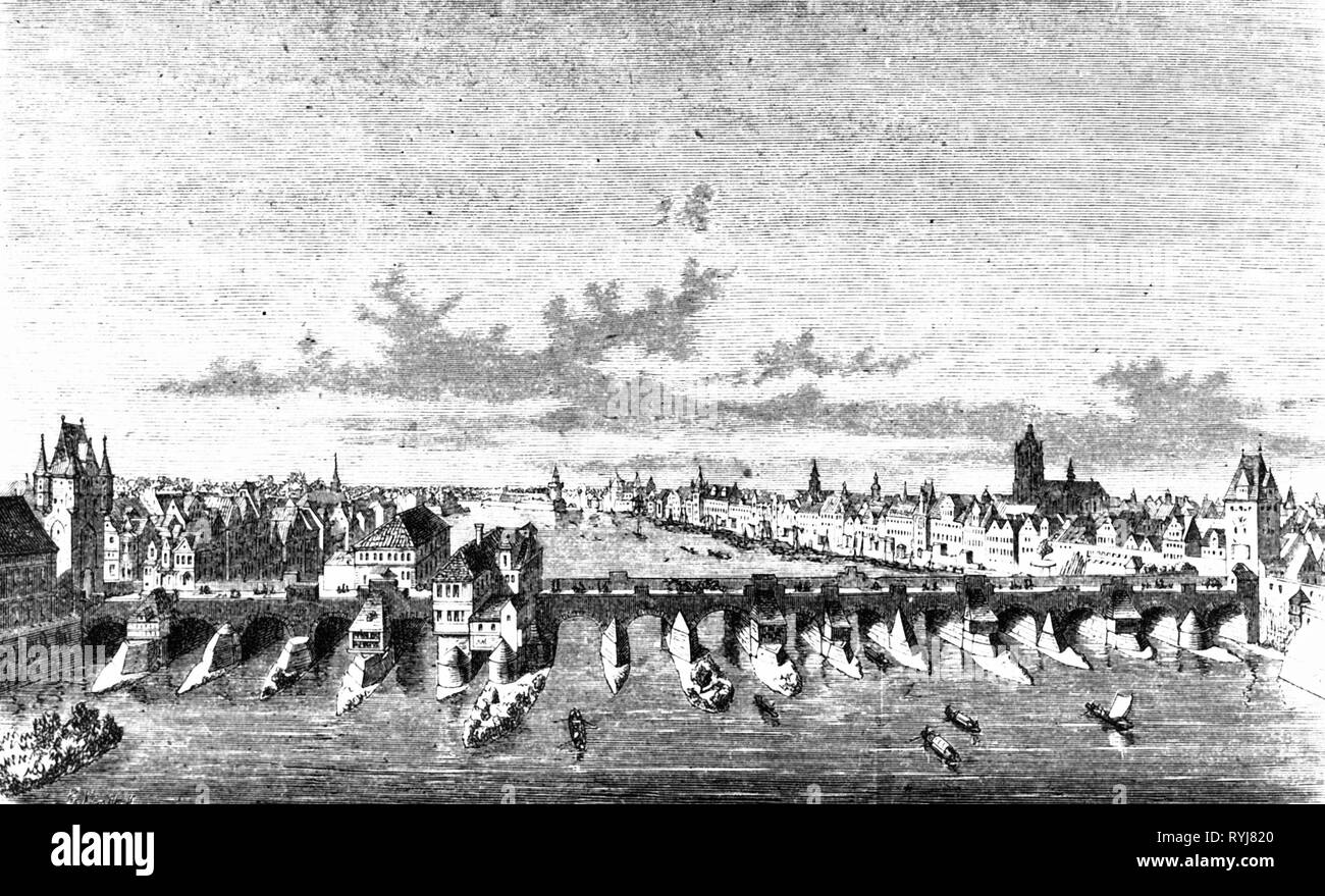 Geografia / viaggi storico, Germania, città e comunità, di Francoforte sul Meno, Ponte Vecchio, XVIII secolo, incisione su legno 2a metà del XIX secolo, Additional-Rights-Clearance-Info-Not-Available Foto Stock