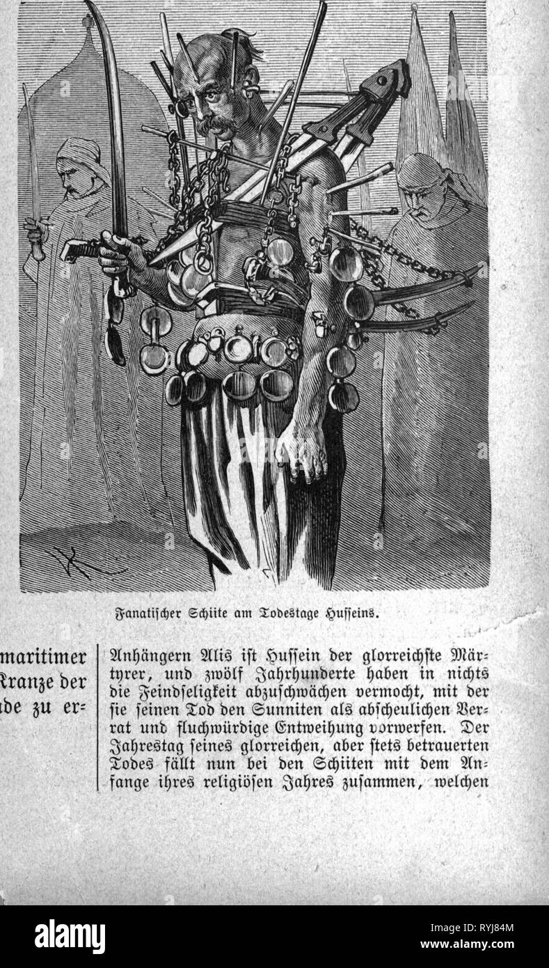 La religione, l'islam sciiti, rituale self- castigo nel giorno della morte del imam Hussein, incisione su legno, 1891, Additional-Rights-Clearance-Info-Not-Available Foto Stock