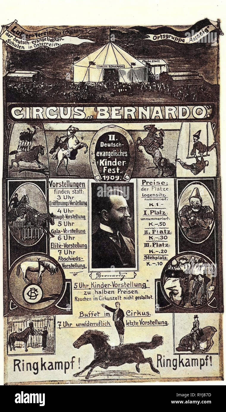 1909 in Cechia, Circus in Repubblica ceca, dipinti nella Repubblica Ceca, i cavalli della Repubblica ceca, tende in Repubblica ceca, Eventi in Ústí nad Labem, 1909, Ústí nad Labem Regione, Aussig, Cirkus Bernardo, II. Deutsches, evangelisches Kinderfest 1909 Foto Stock