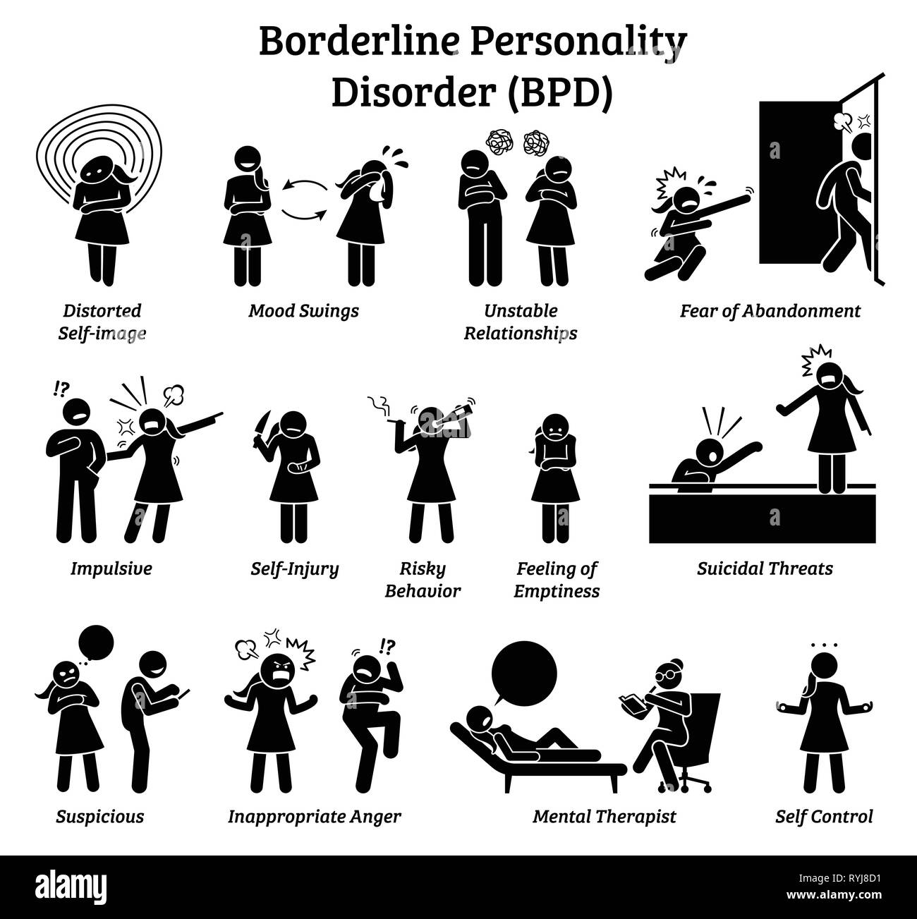 Il Disturbo Borderline di Personalità BPD segni e sintomi. Le illustrazioni mostrano una donna con la salute mentale disturbo aventi difficoltà di vita e la relatio Illustrazione Vettoriale
