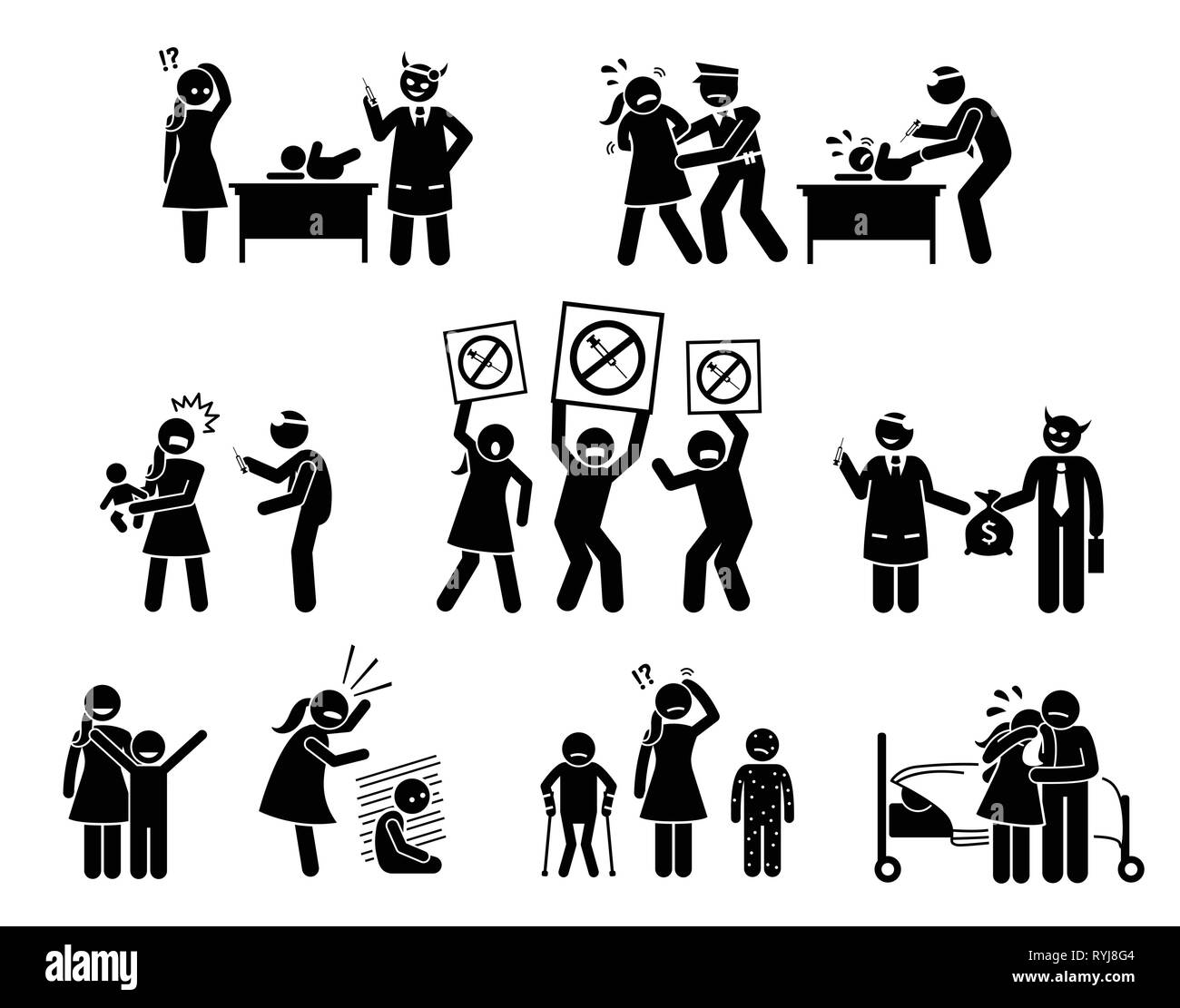 Anti-vaxxer e vaccino persone resistenti. Le illustrazioni mostrano il male medico la vaccinazione del bambino. Le persone stanno protestando la vaccinazione. Bambino ottenere effetti collaterali f Illustrazione Vettoriale