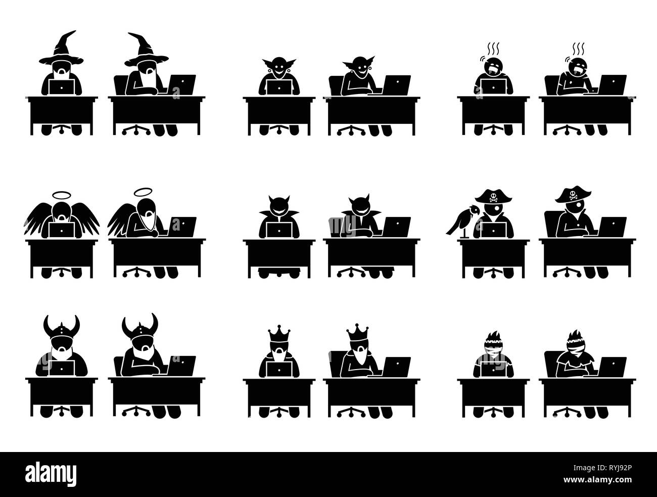 Diversi caratteri e le persone che usano il computer per navigare in Internet. I personaggi sono guidata, troll, zombie, Dio, Satana, il diavolo, pirata, Viking warri Illustrazione Vettoriale